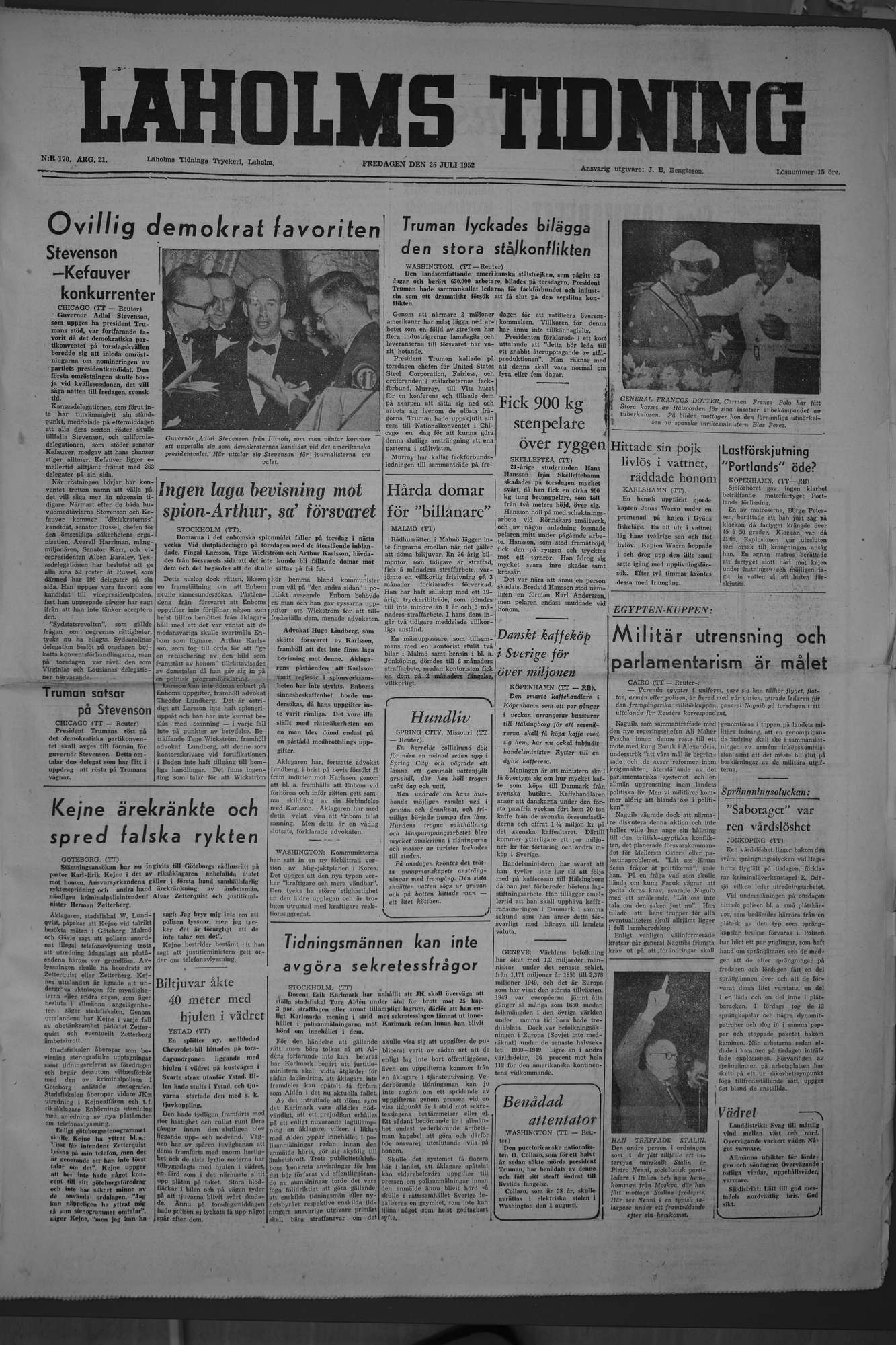 Laholms Tidning Fredag 25 juli 1952, sida 1