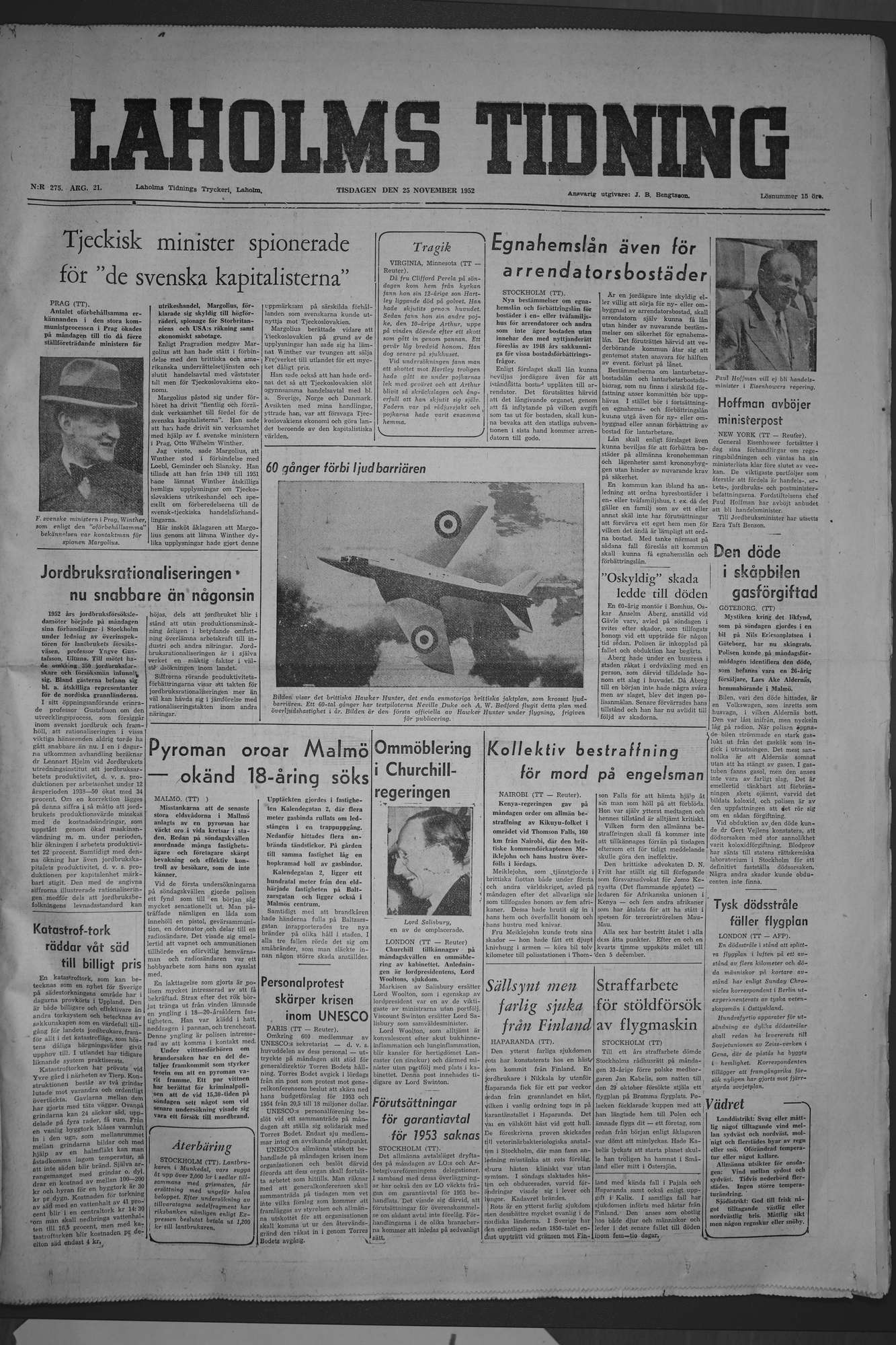 Laholms Tidning Tisdag 25 november 1952, sida 1