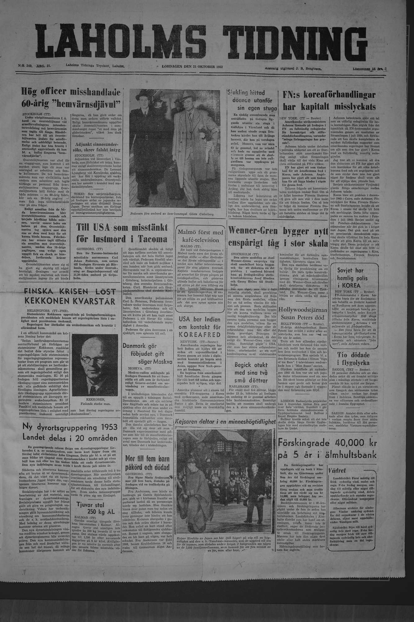 Laholms Tidning Lördag 25 oktober 1952, sida 1