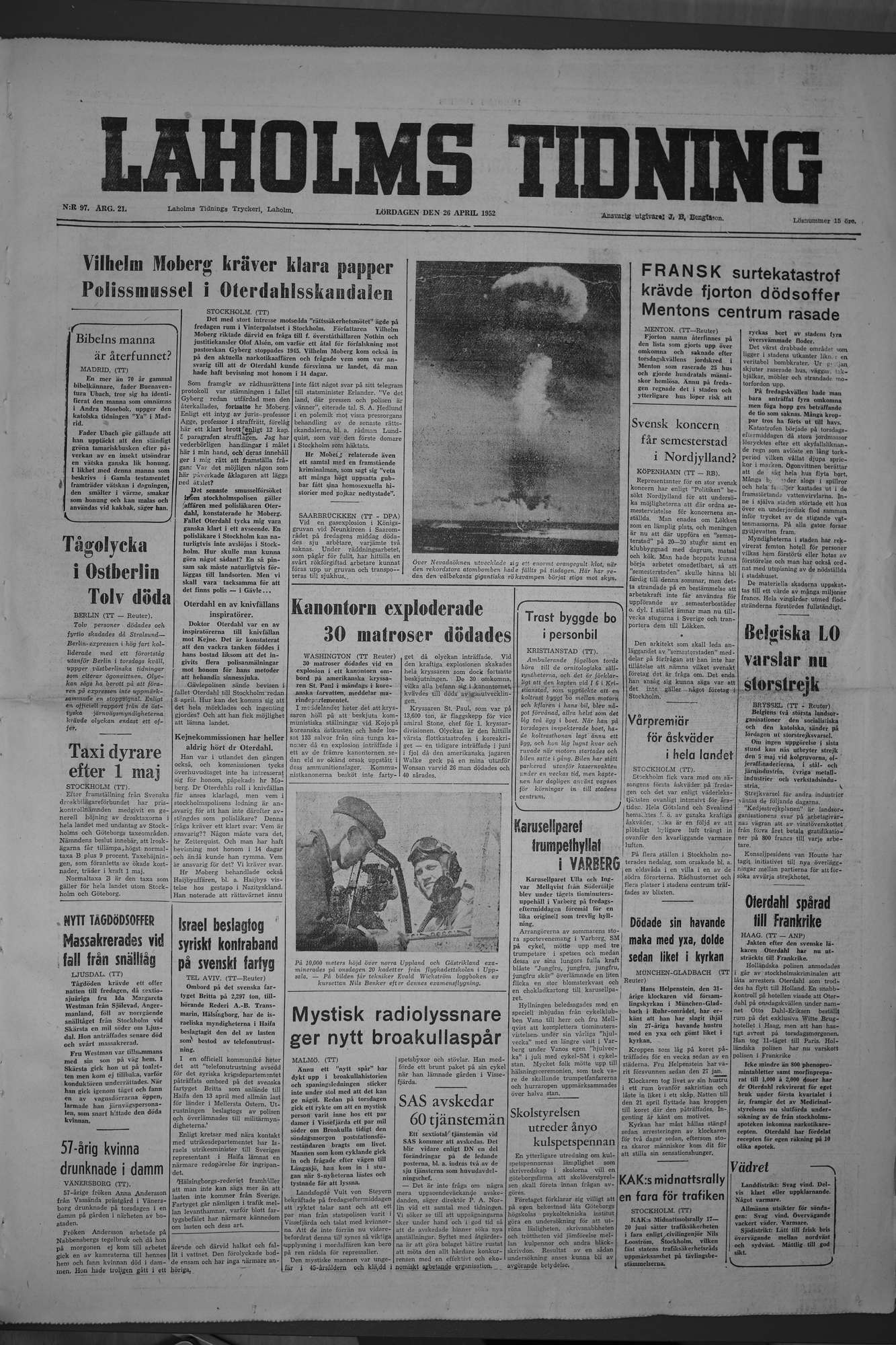 Laholms Tidning Lördag 26 april 1952, sida 1