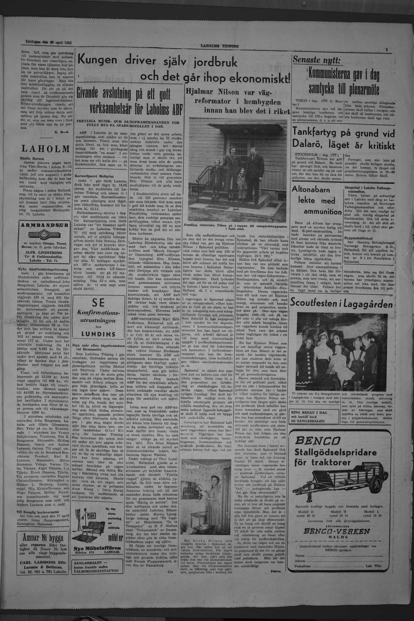 Laholms Tidning Lördag 26 april 1952, sida 3