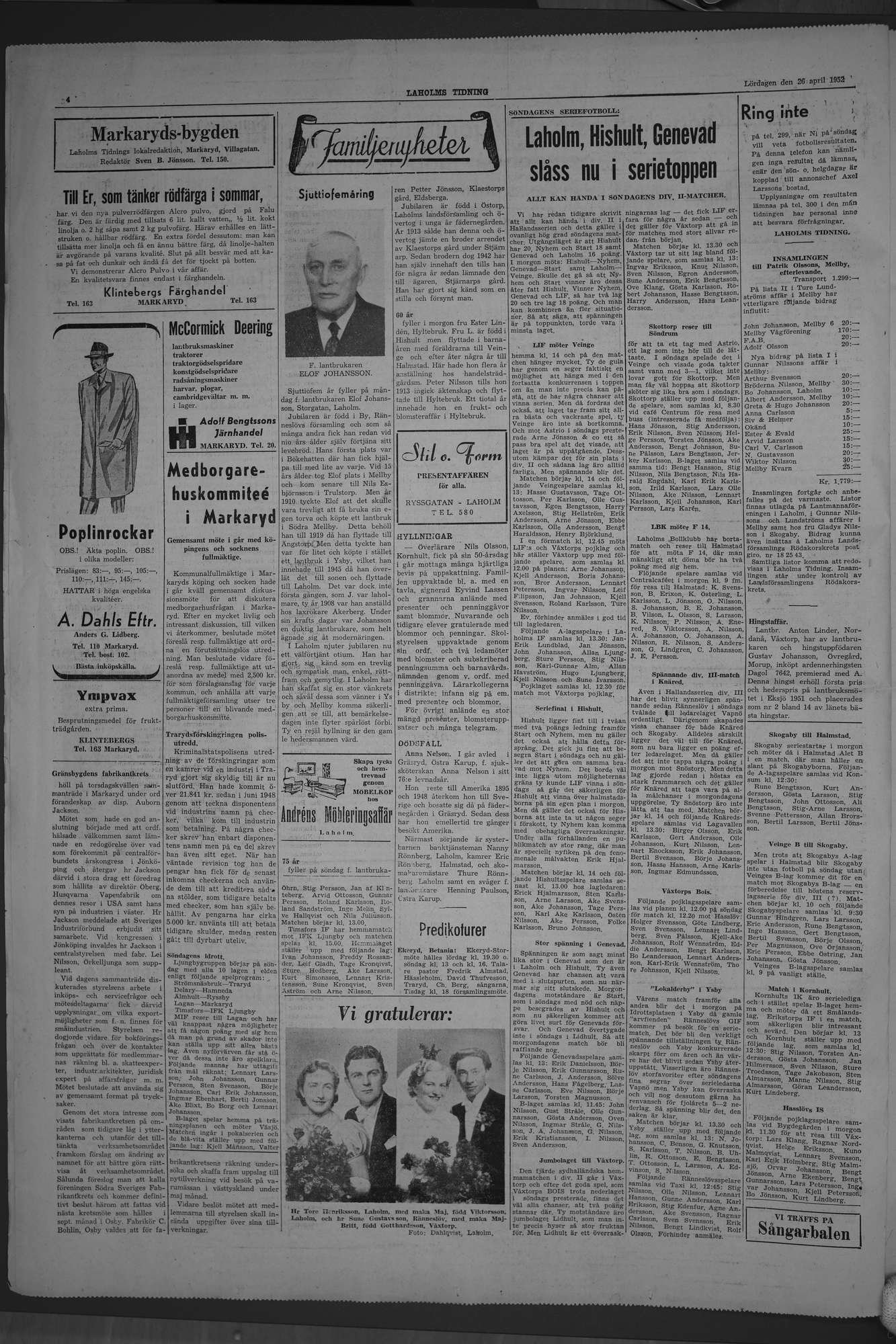 Laholms Tidning Lördag 26 april 1952, sida 4