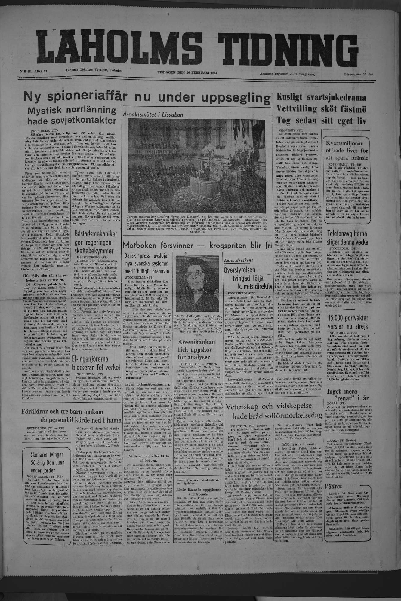Laholms Tidning Tisdag 26 februari 1952, sida 1