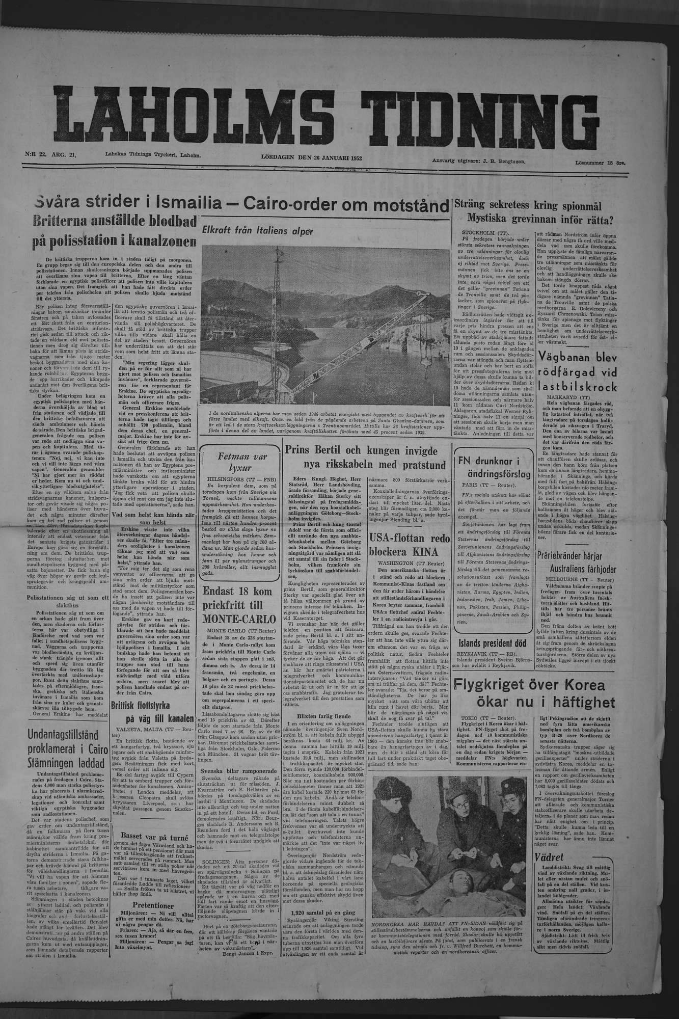 Laholms Tidning Lördag 26 januari 1952, sida 1