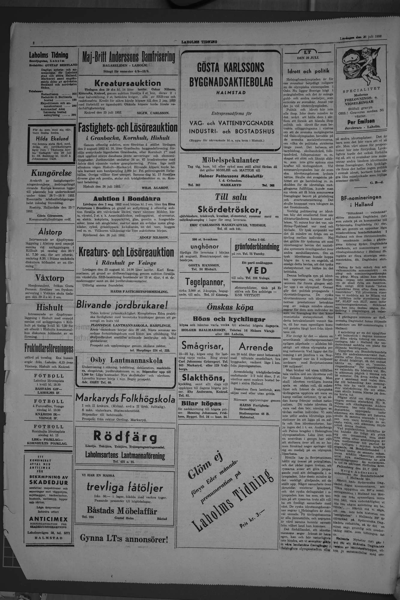 Laholms Tidning Lördag 26 juli 1952, sida 2