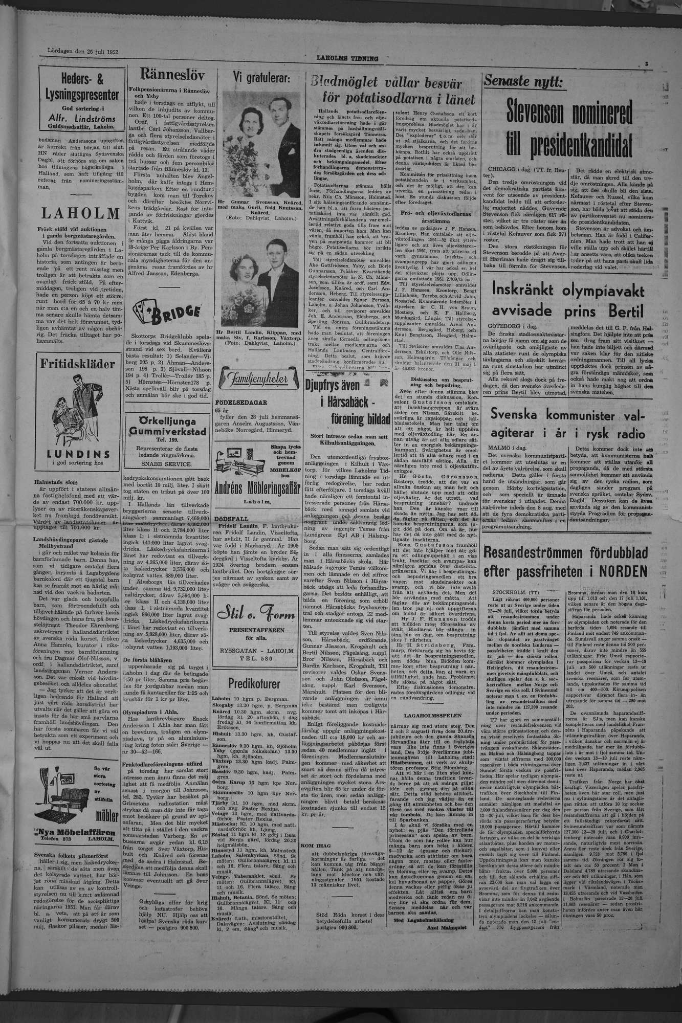 Laholms Tidning Lördag 26 juli 1952, sida 3
