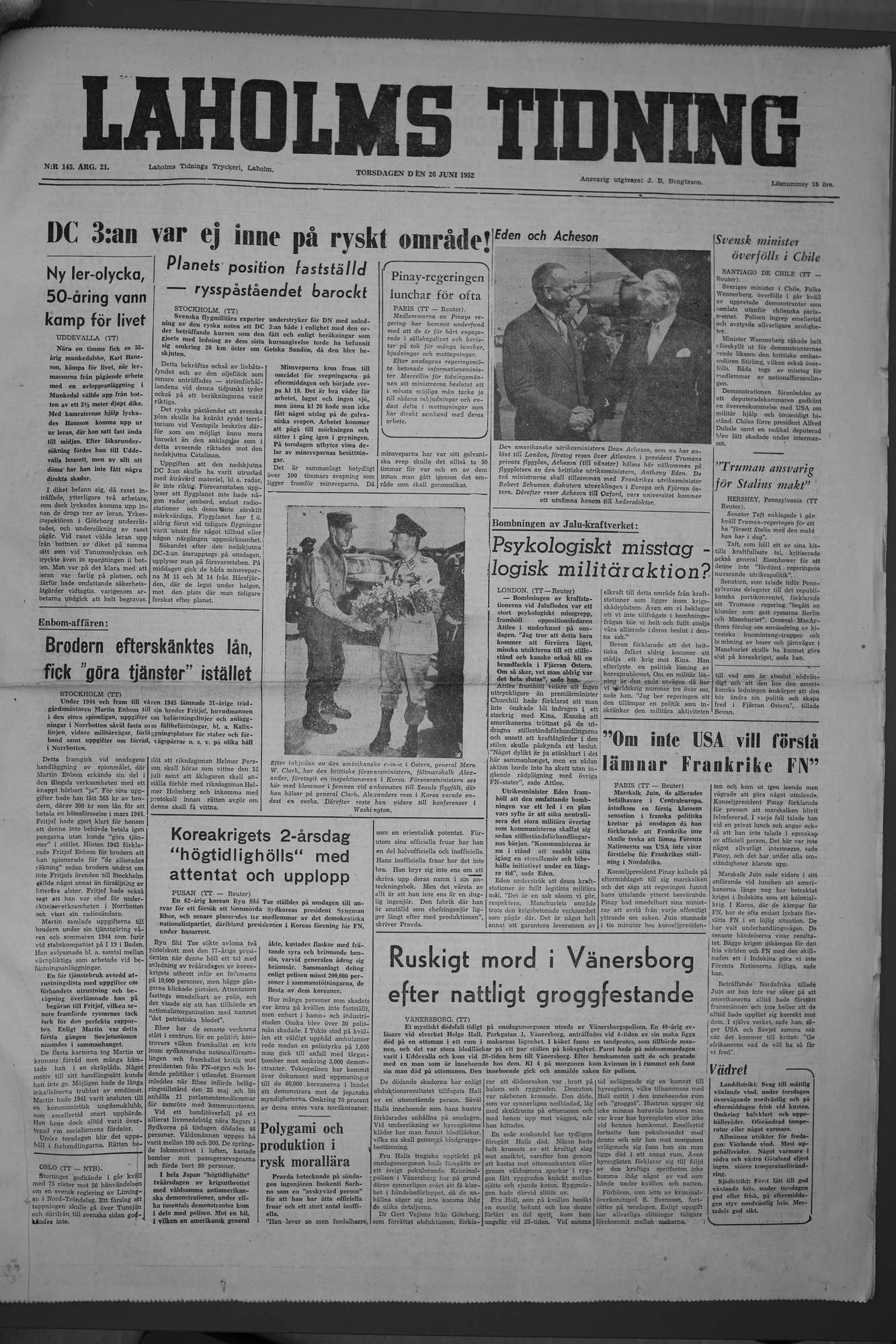Laholms Tidning Torsdag 26 juni 1952, sida 1