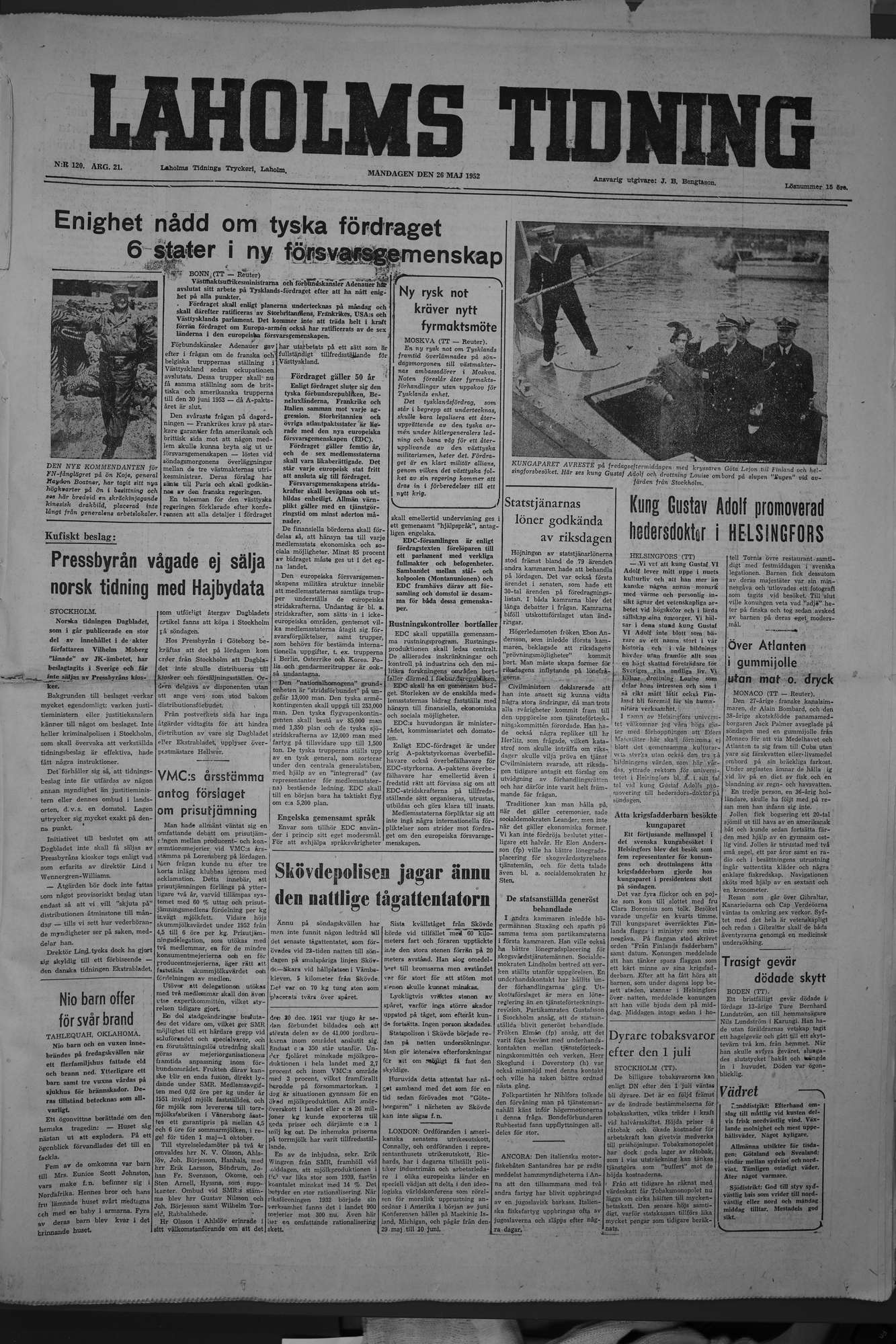 Laholms Tidning Måndag 26 maj 1952, sida 1