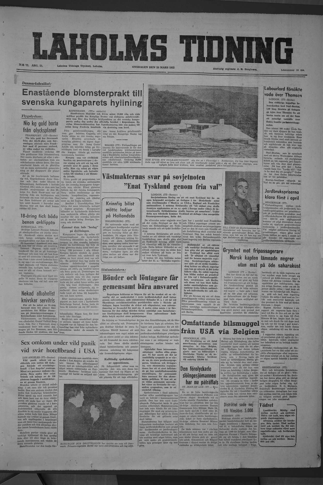 Laholms Tidning Onsdag 26 mars 1952, sida 1