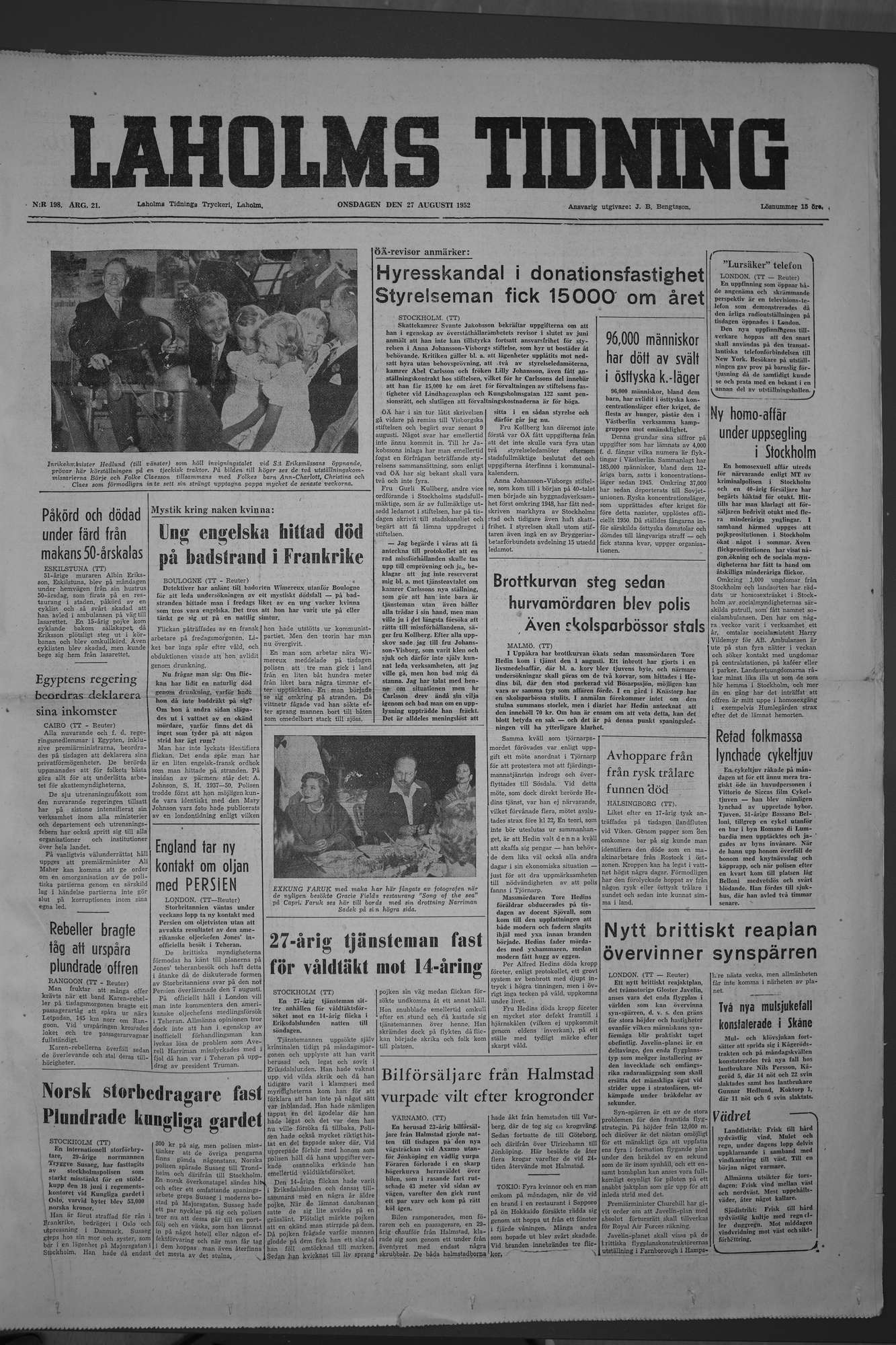 Laholms Tidning Onsdag 27 augusti 1952, sida 1