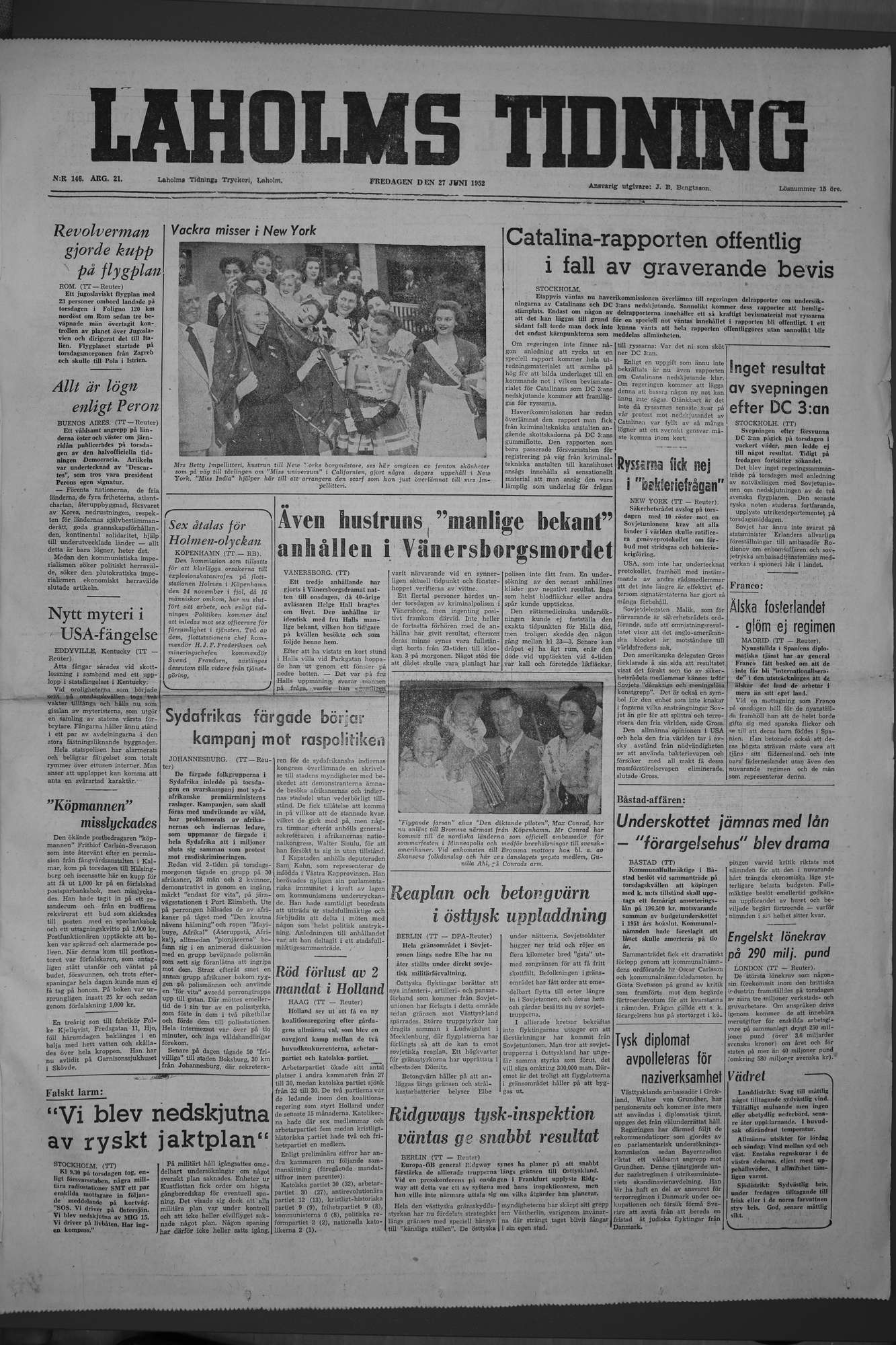 Laholms Tidning Fredag 27 juni 1952, sida 1