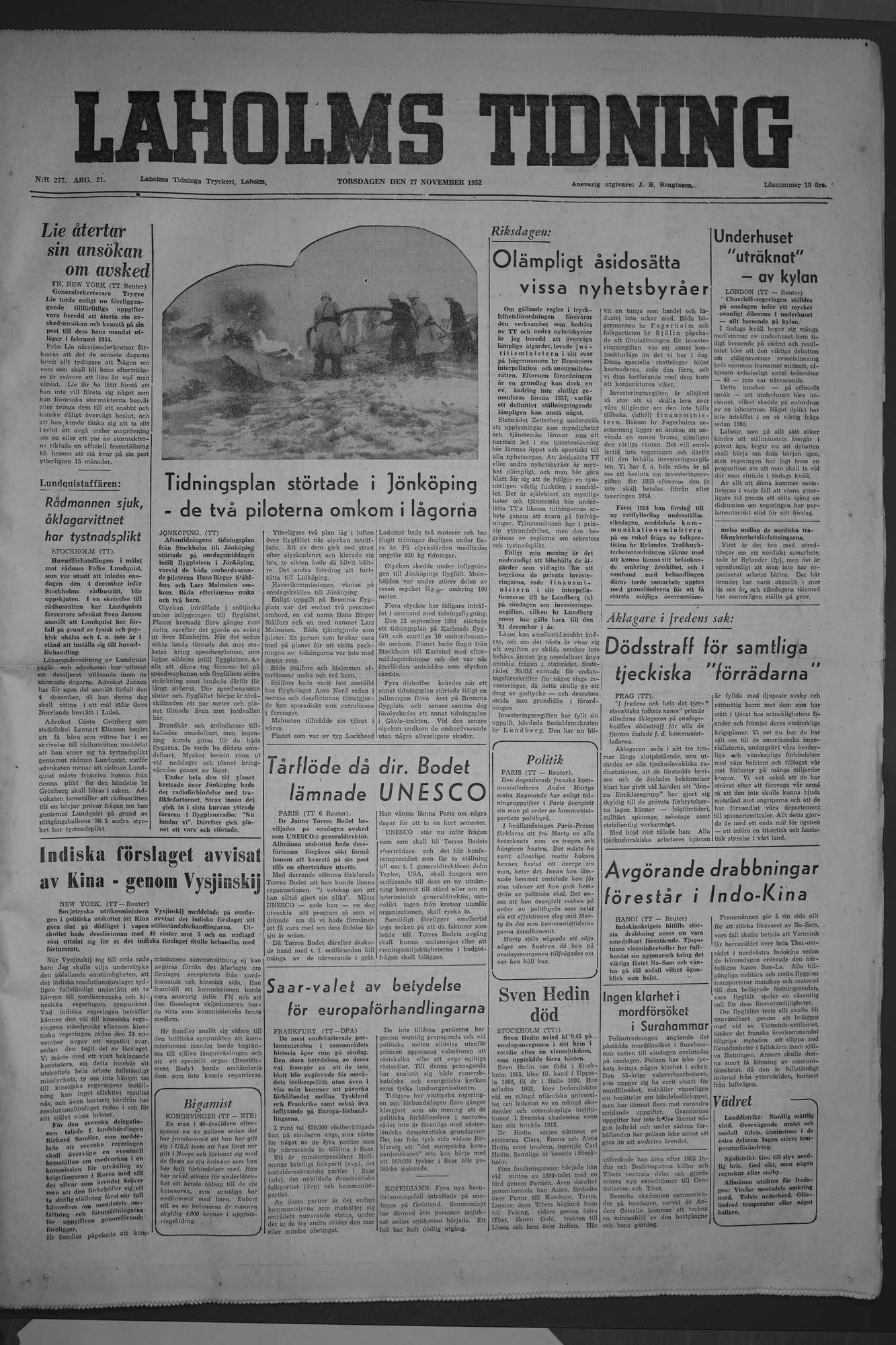Laholms Tidning Torsdag 27 november 1952, sida 1