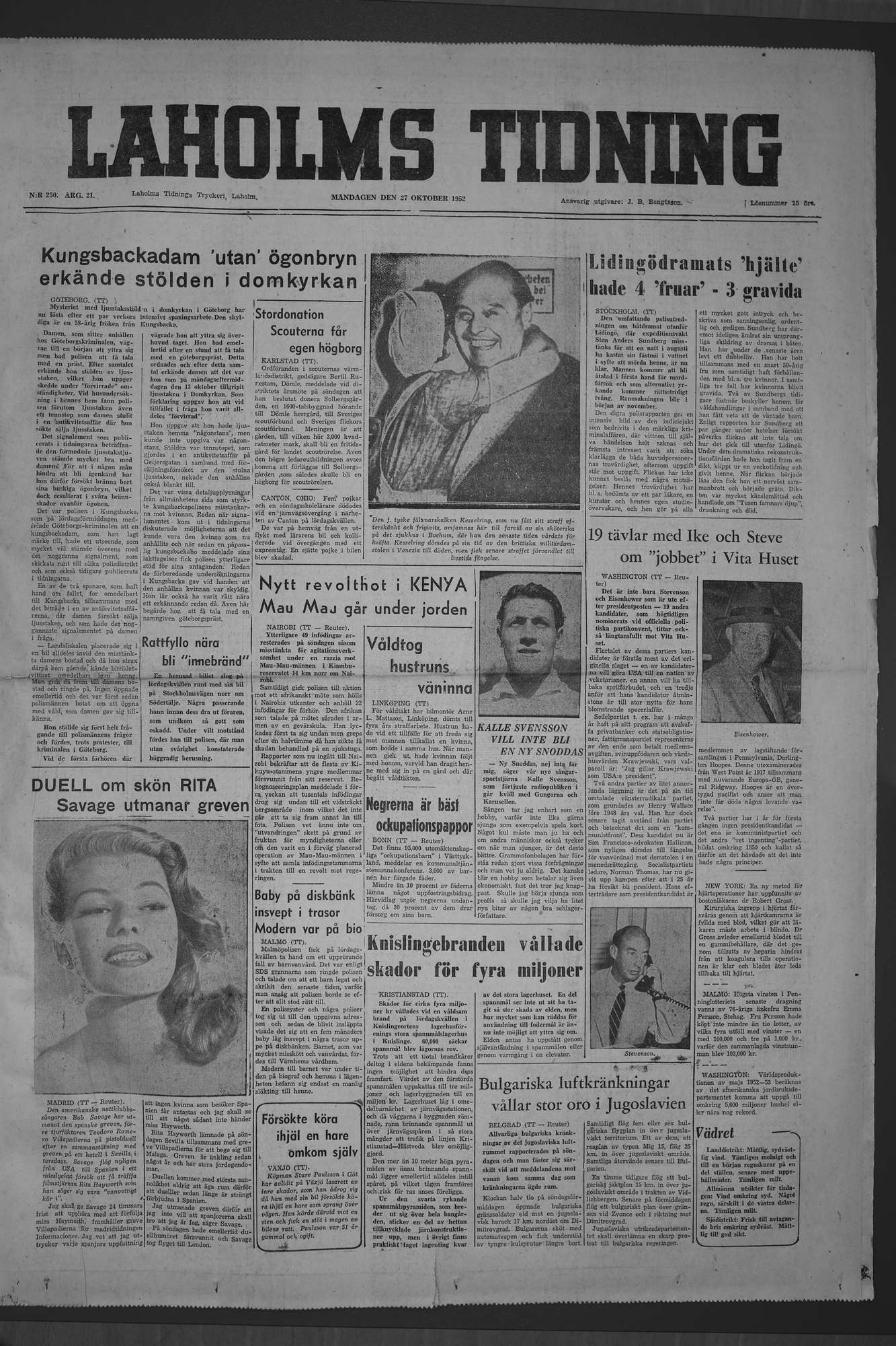 Laholms Tidning Måndag 27 oktober 1952, sida 1