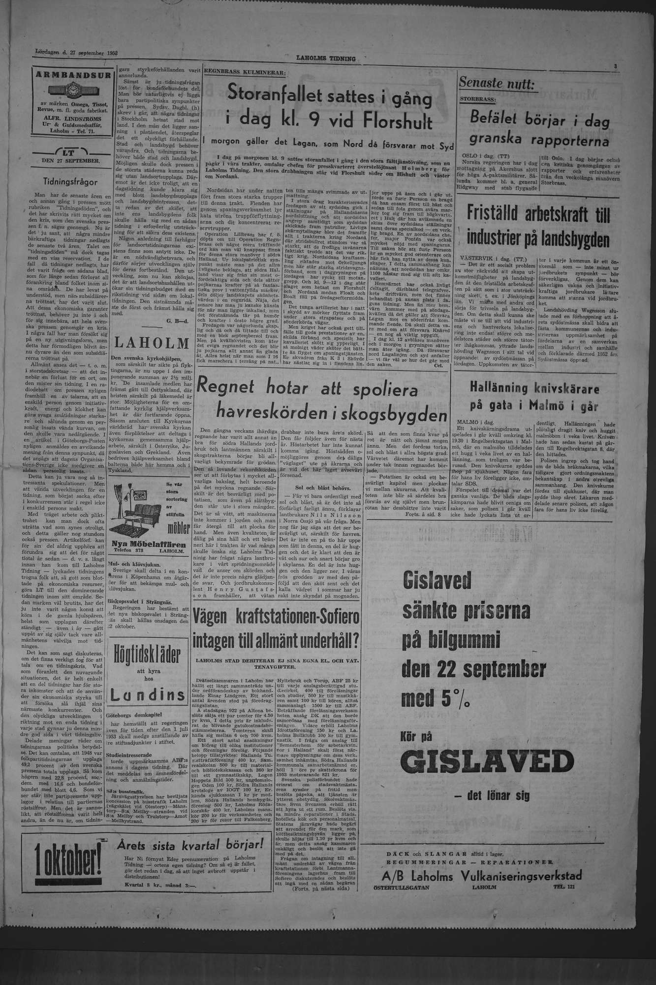 Laholms Tidning Lördag 27 september 1952, sida 3