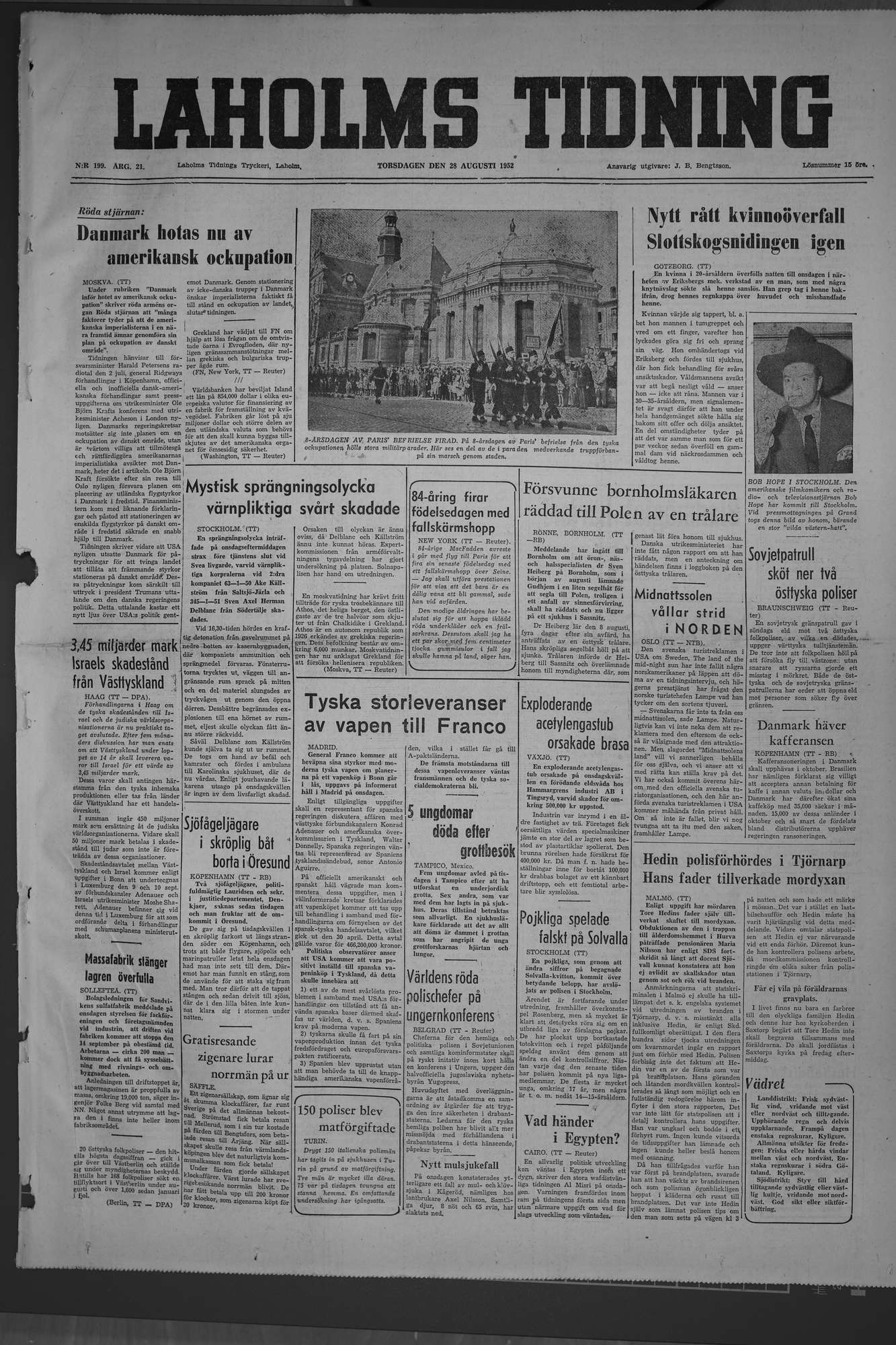 Laholms Tidning Torsdag 28 augusti 1952, sida 1