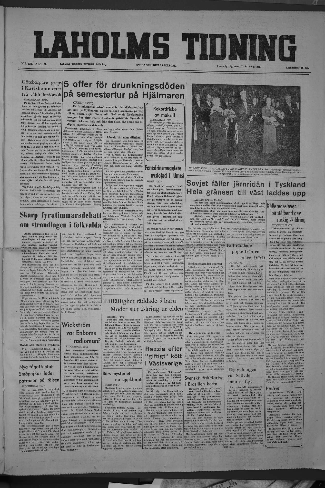 Laholms Tidning Onsdag 28 maj 1952, sida 1