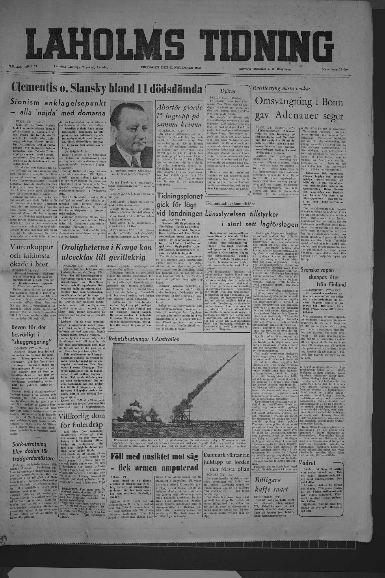 Laholms Tidning Fredag 28 november 1952, sida 1