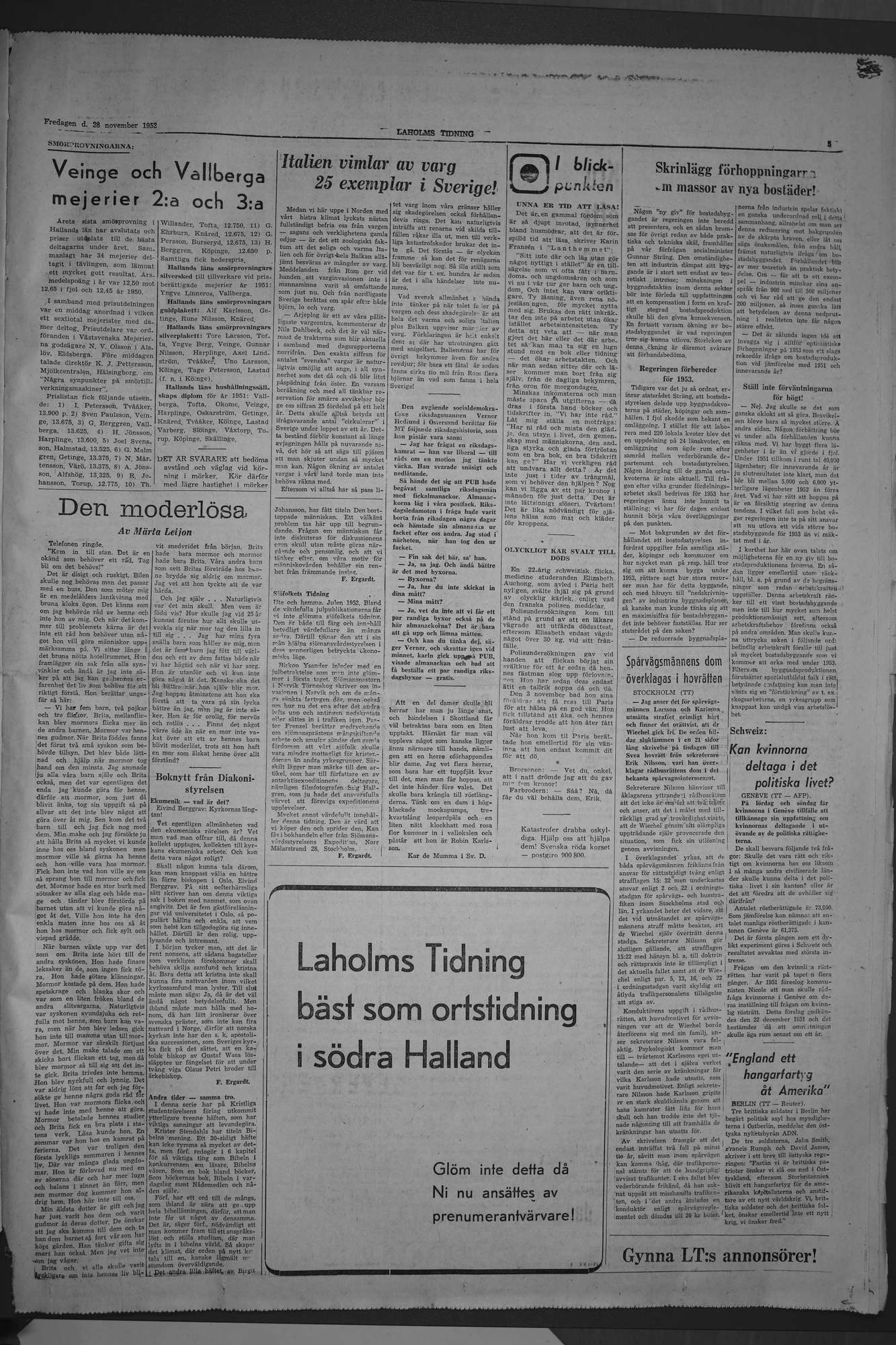 Laholms Tidning Fredag 28 november 1952, sida 5