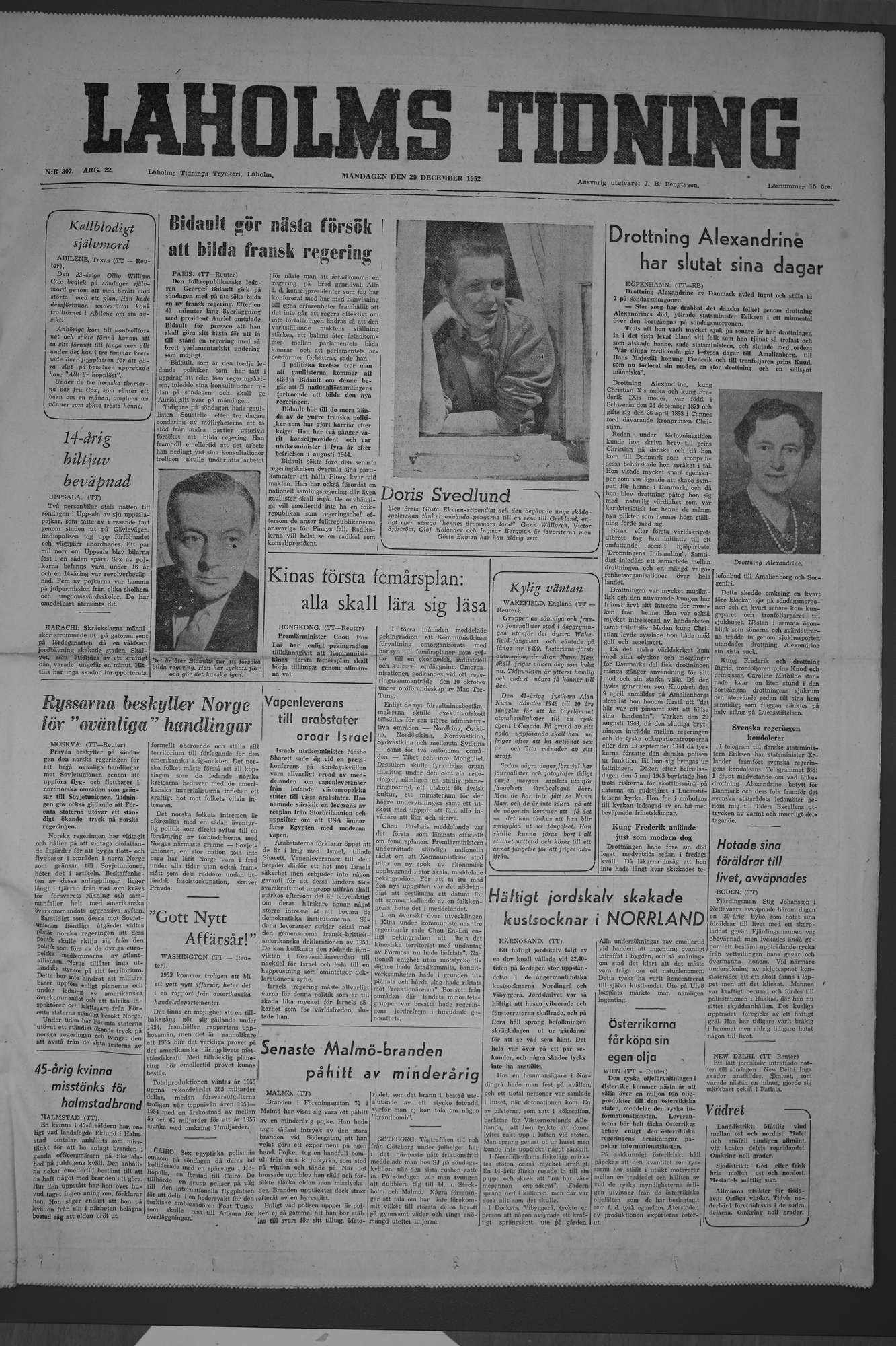 Laholms Tidning Måndag 29 december 1952, sida 1