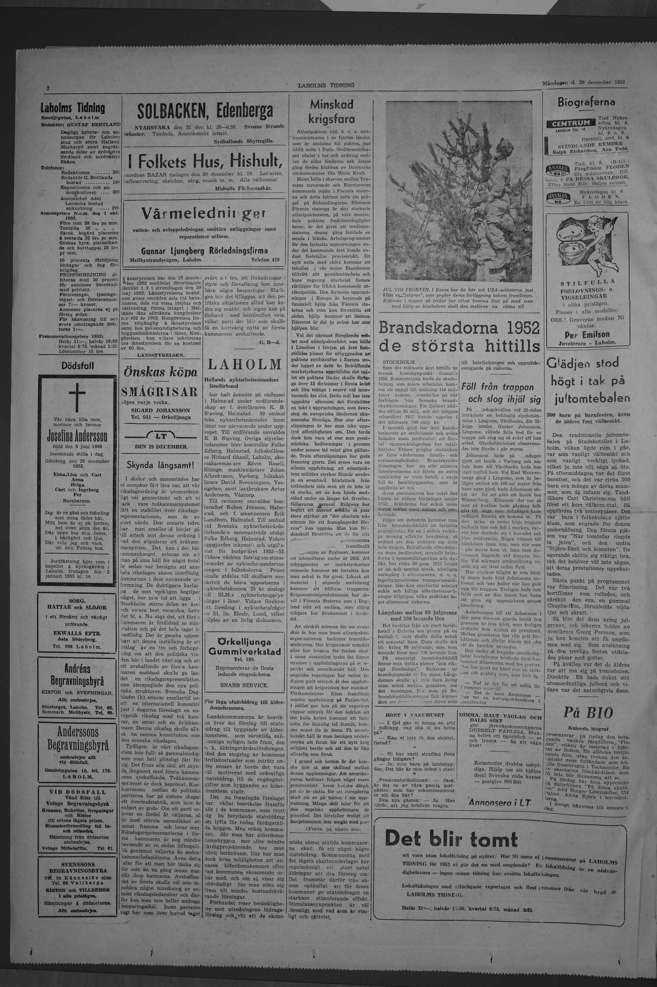 Laholms Tidning Måndag 29 december 1952, sida 2