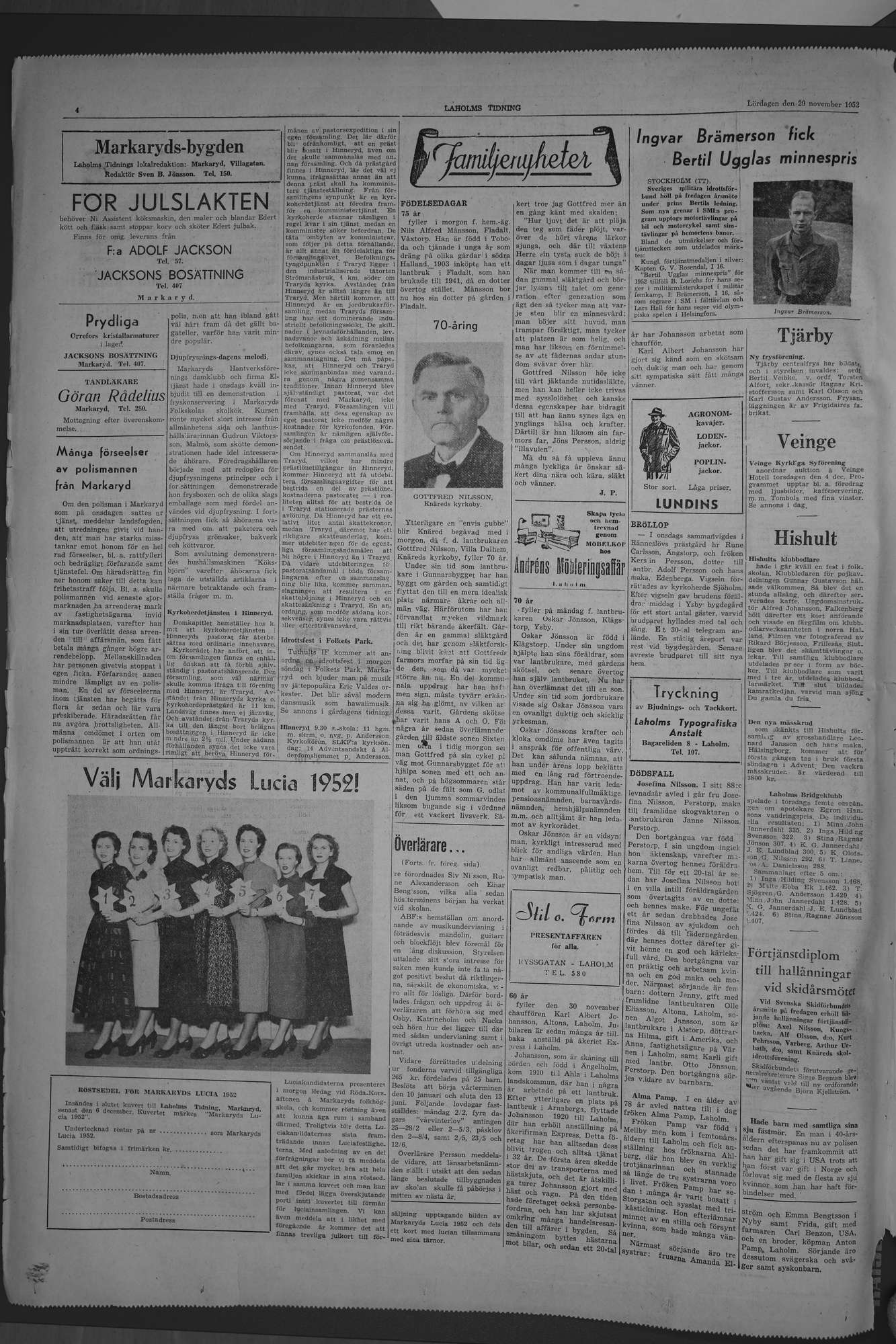 Laholms Tidning Lördag 29 november 1952, sida 4
