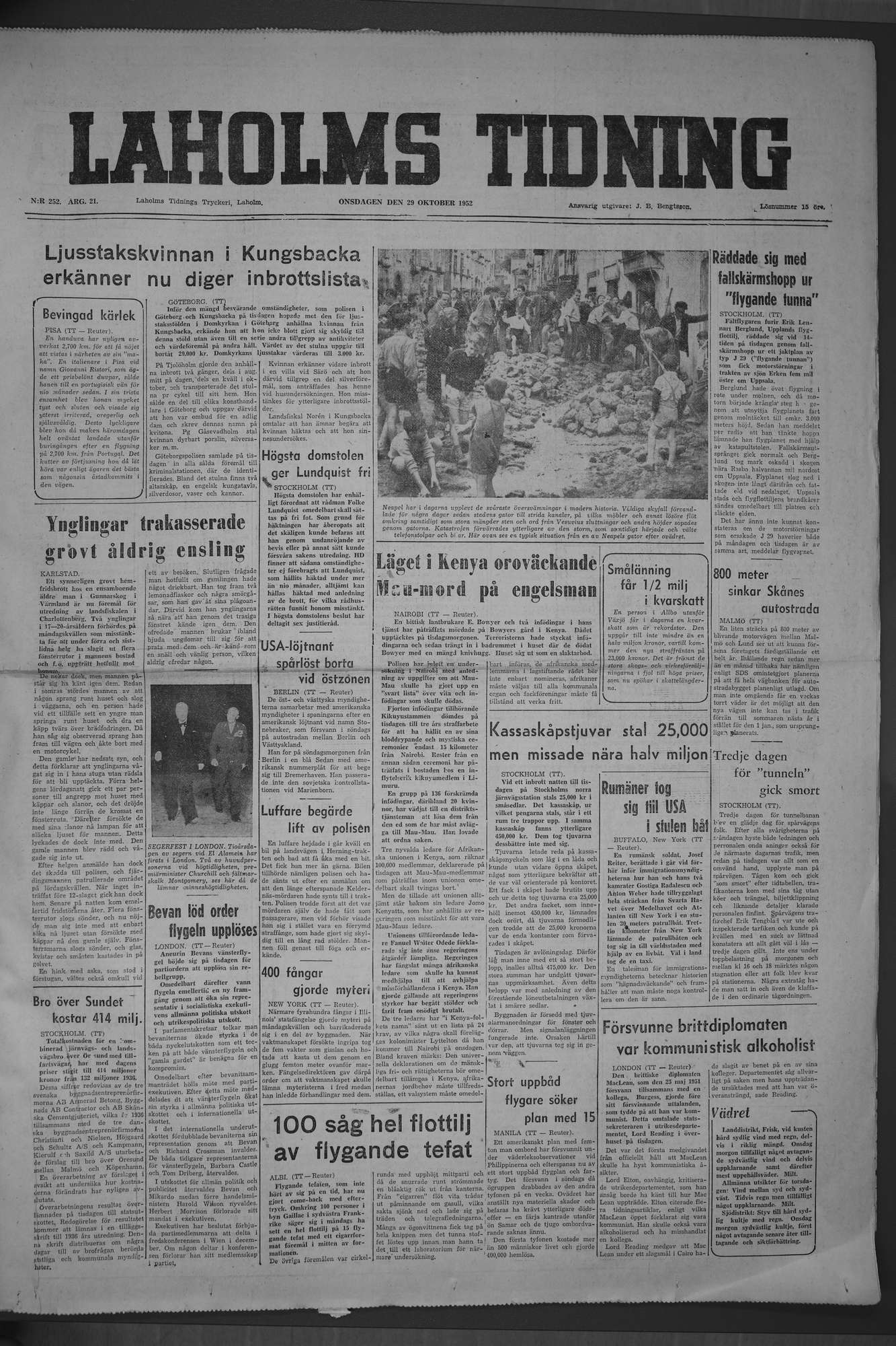 Laholms Tidning Onsdag 29 oktober 1952, sida 1