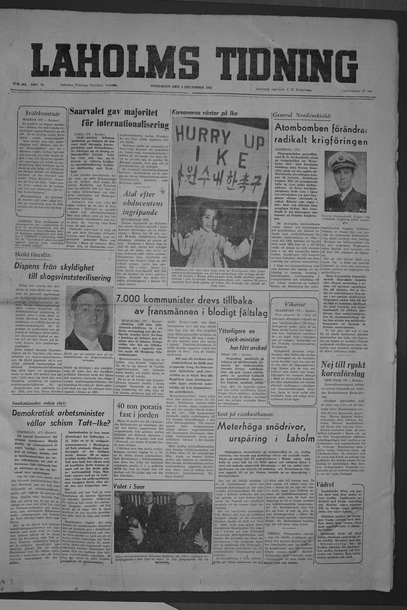 Laholms Tidning Onsdag 3 december 1952, sida 1