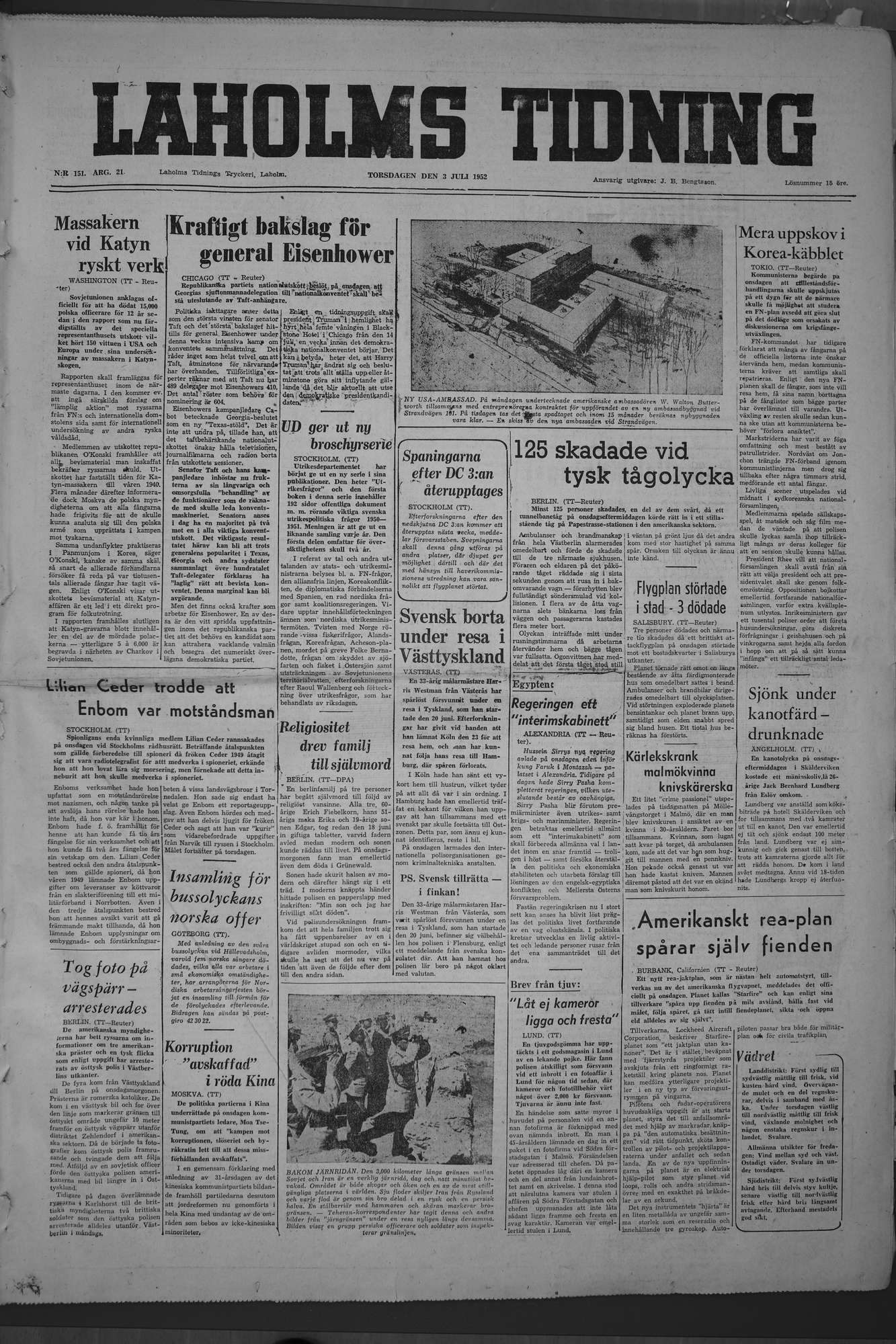 Laholms Tidning Torsdag 3 juli 1952, sida 1