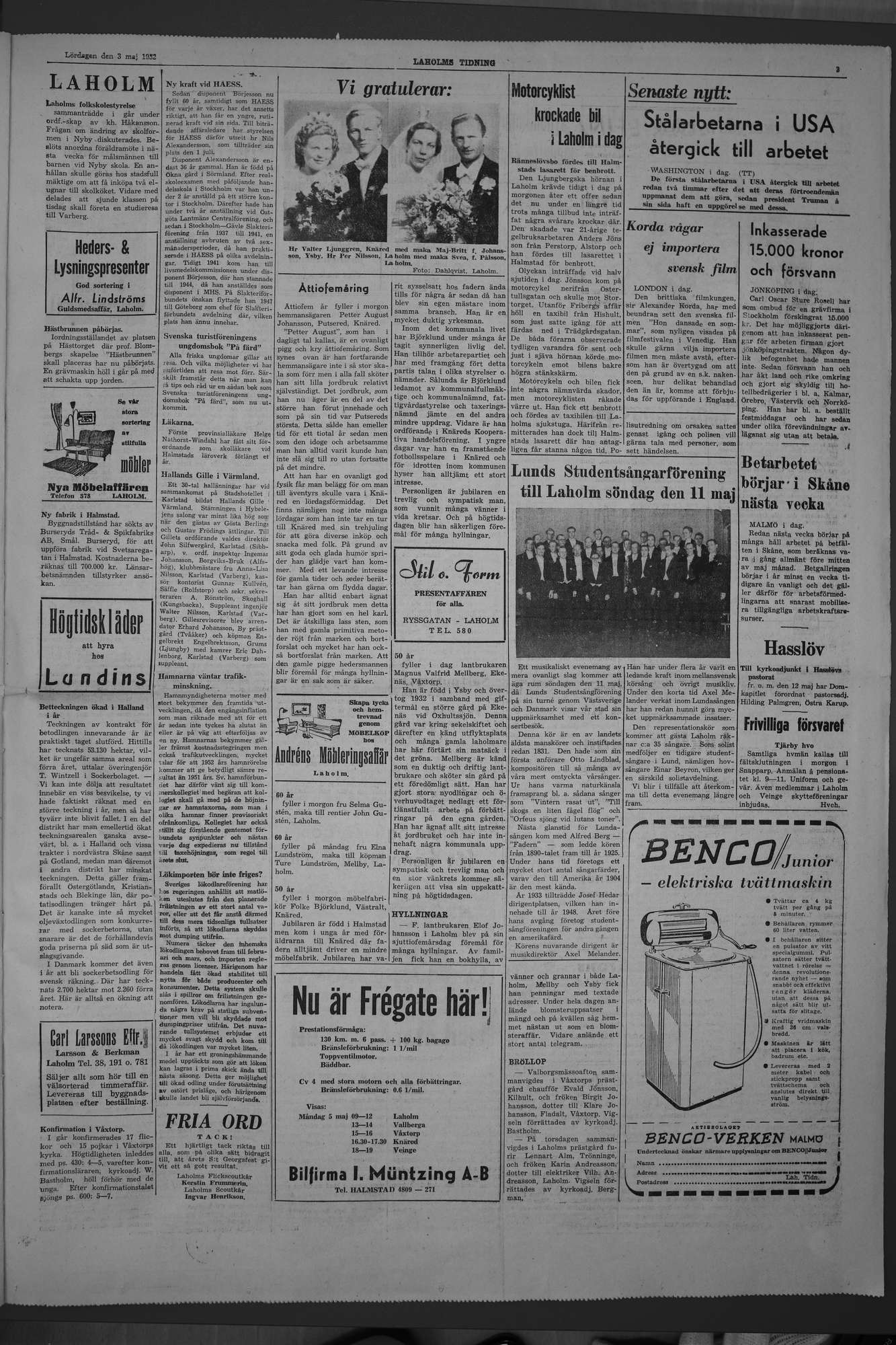 Laholms Tidning Lördag 3 maj 1952, sida 3