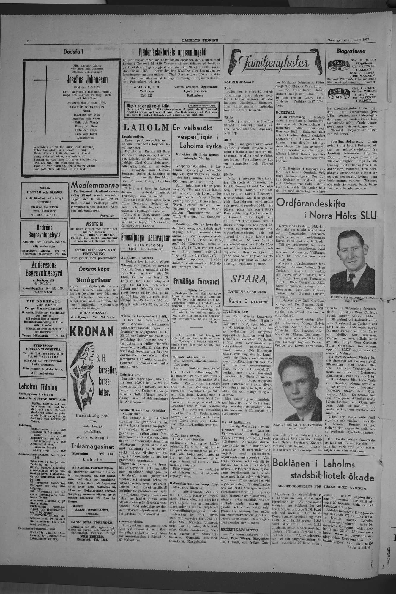 Laholms Tidning Måndag 3 mars 1952, sida 2