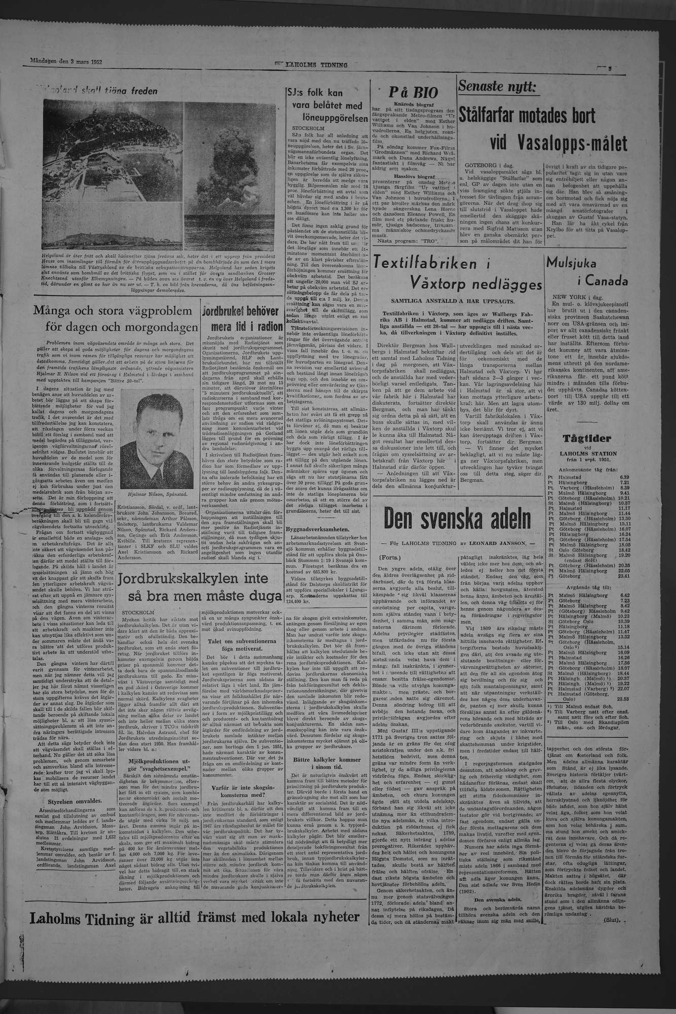 Laholms Tidning Måndag 3 mars 1952, sida 3