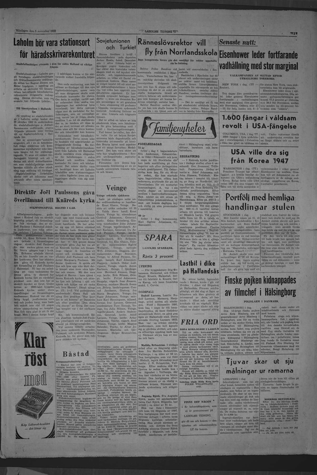 Laholms Tidning Måndag 3 november 1952, sida 3