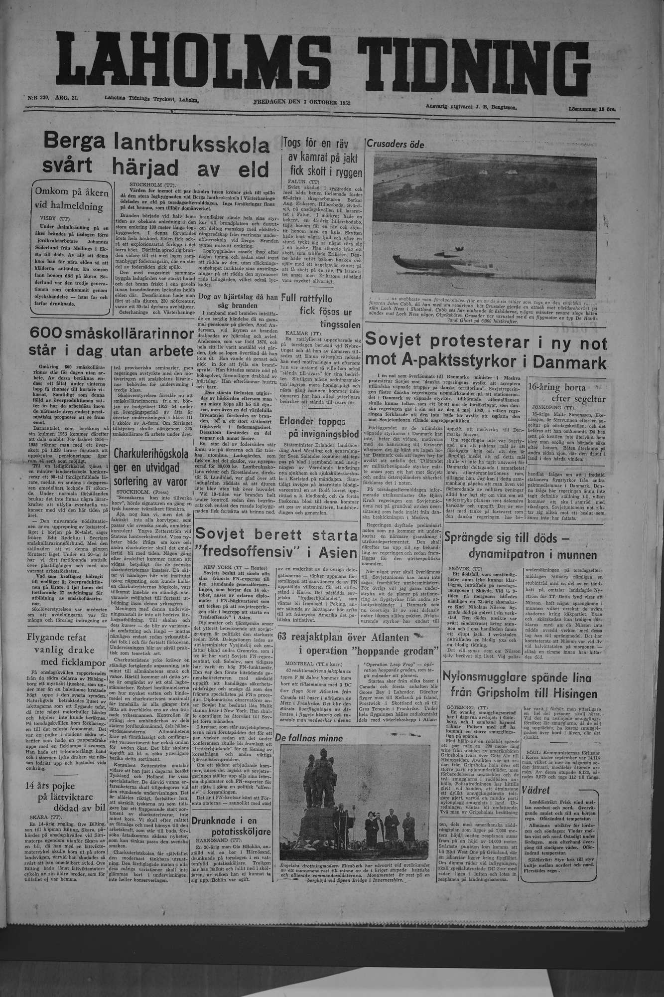 Laholms Tidning Fredag 3 oktober 1952, sida 1