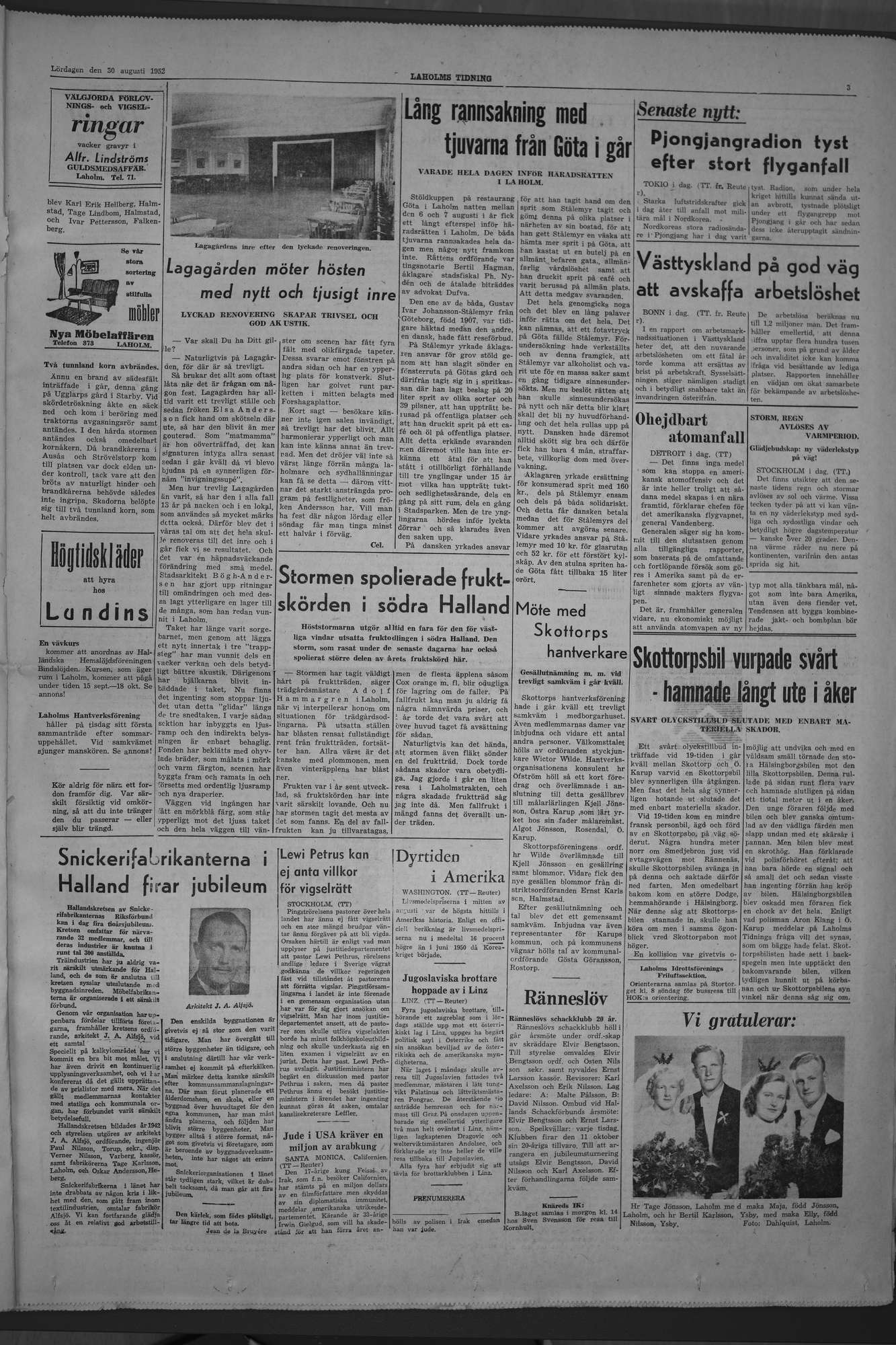 Laholms Tidning Lördag 30 augusti 1952, sida 3