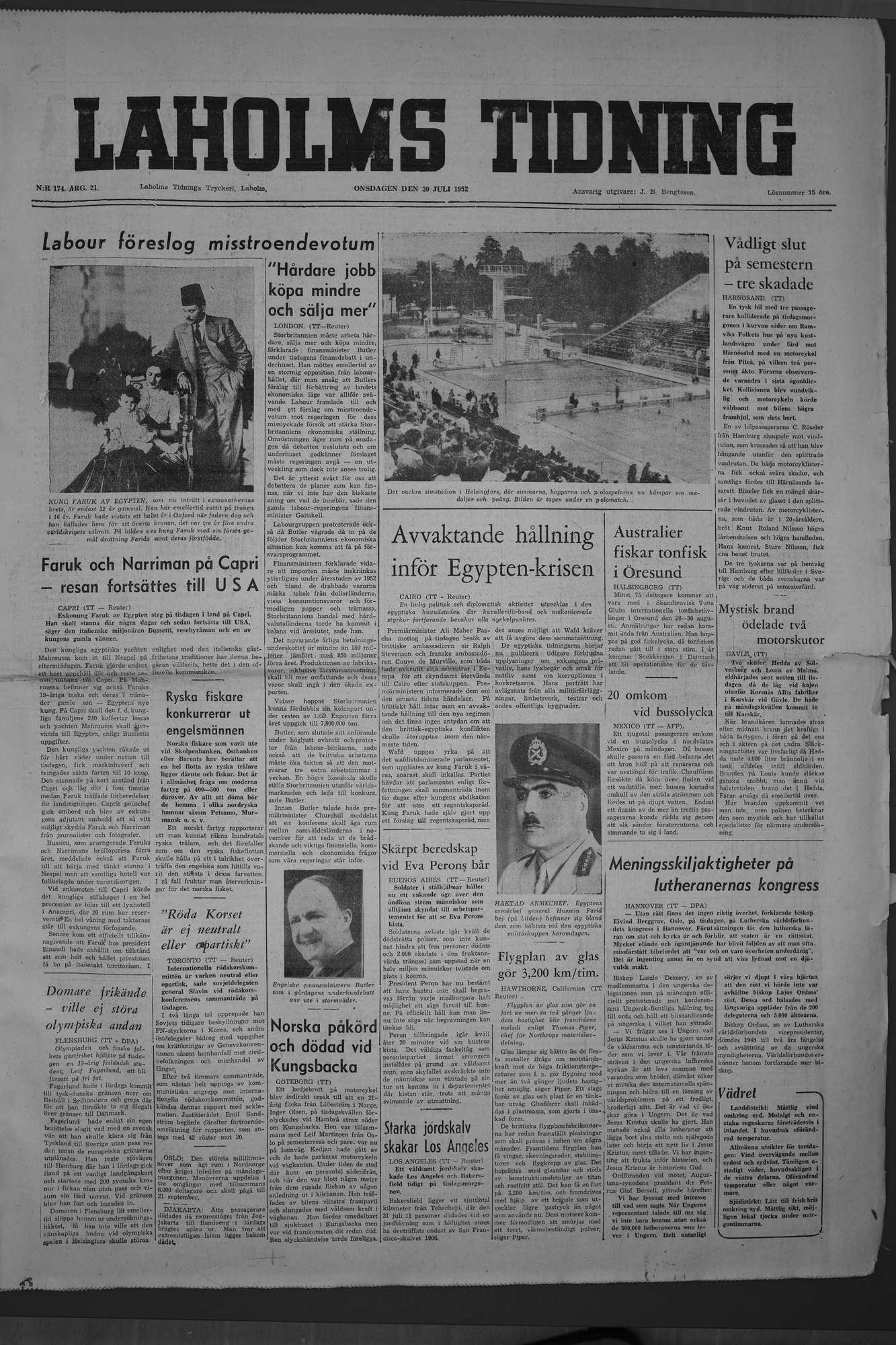 Laholms Tidning Onsdag 30 juli 1952, sida 1