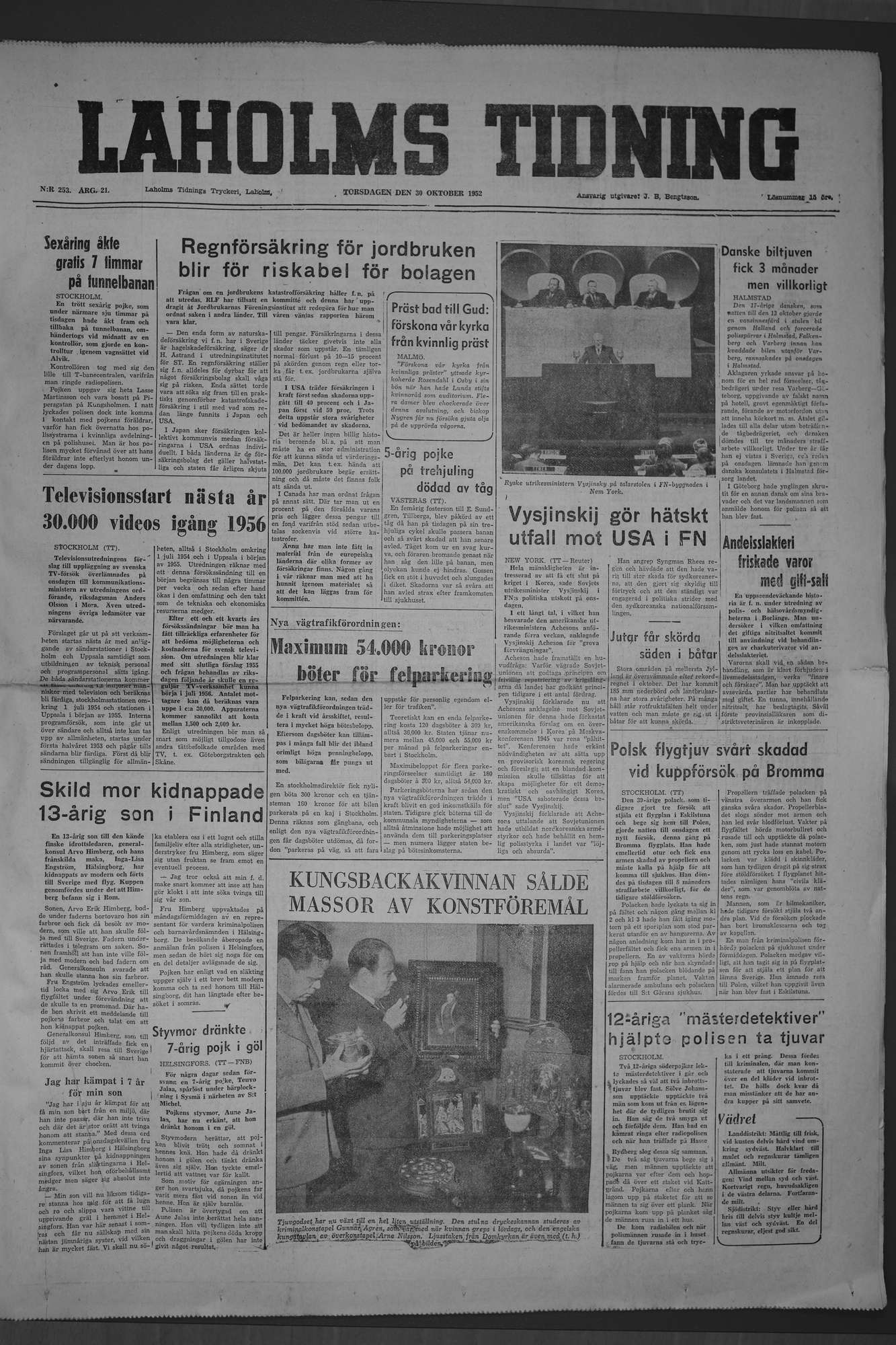 Laholms Tidning Torsdag 30 oktober 1952, sida 1