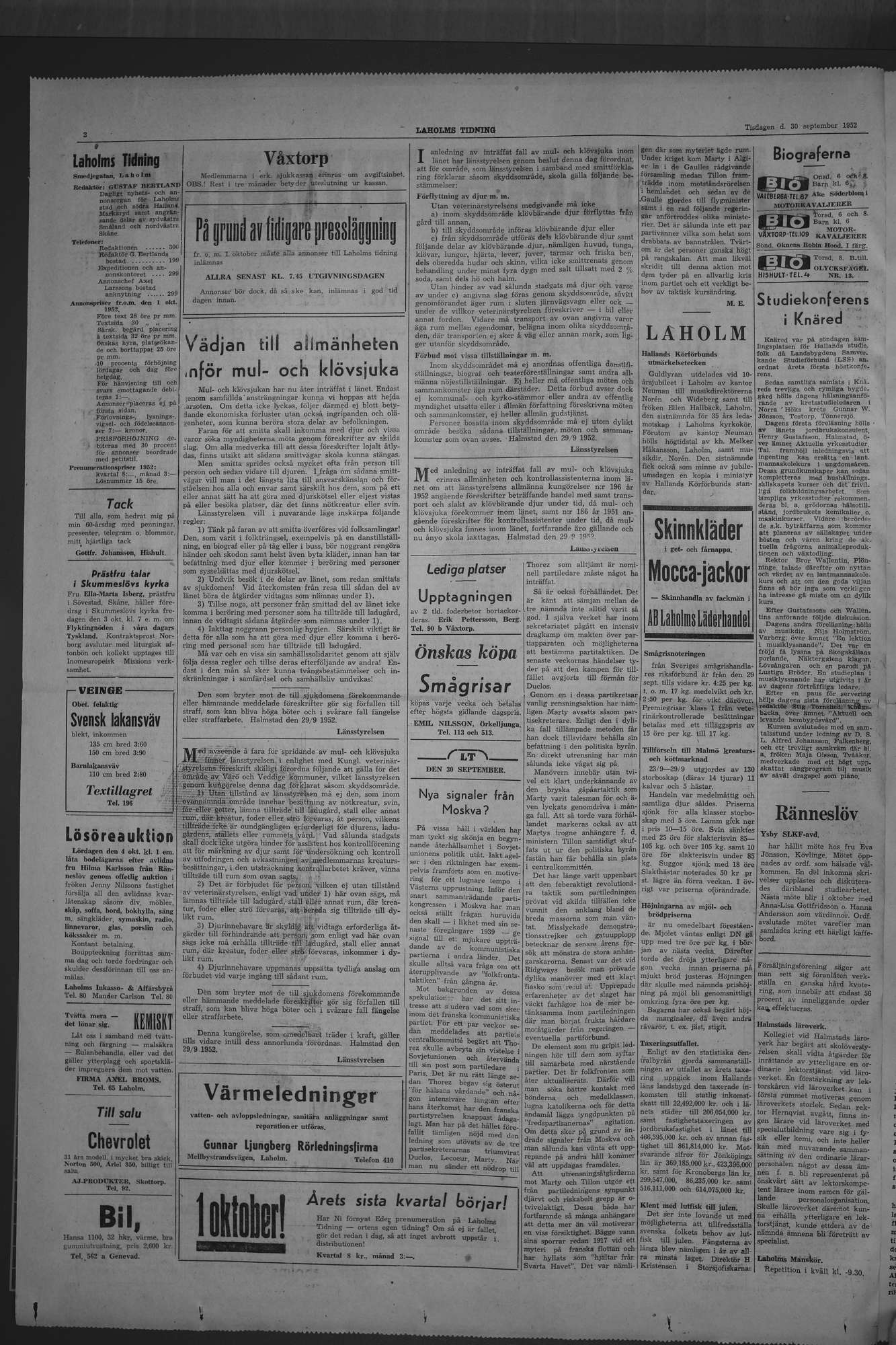 Laholms Tidning Tisdag 30 september 1952, sida 2