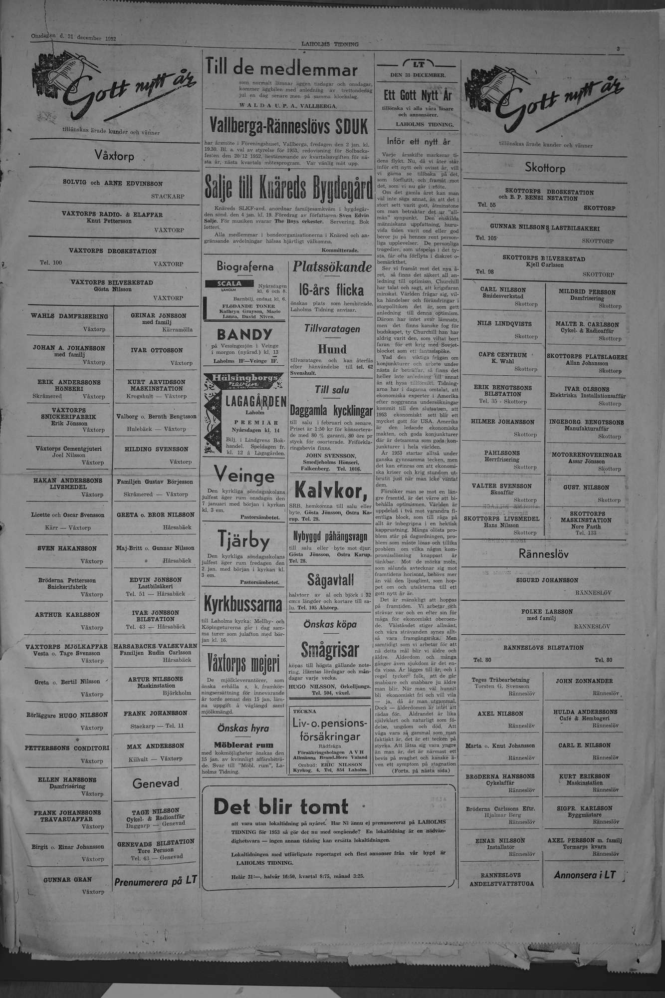 Laholms Tidning Onsdag 31 december 1952, sida 3