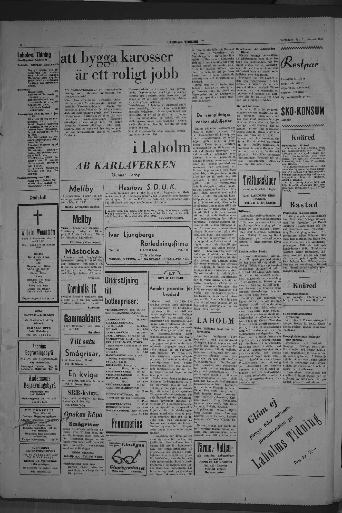 Laholms Tidning Torsdag 31 januari 1952, sida 2