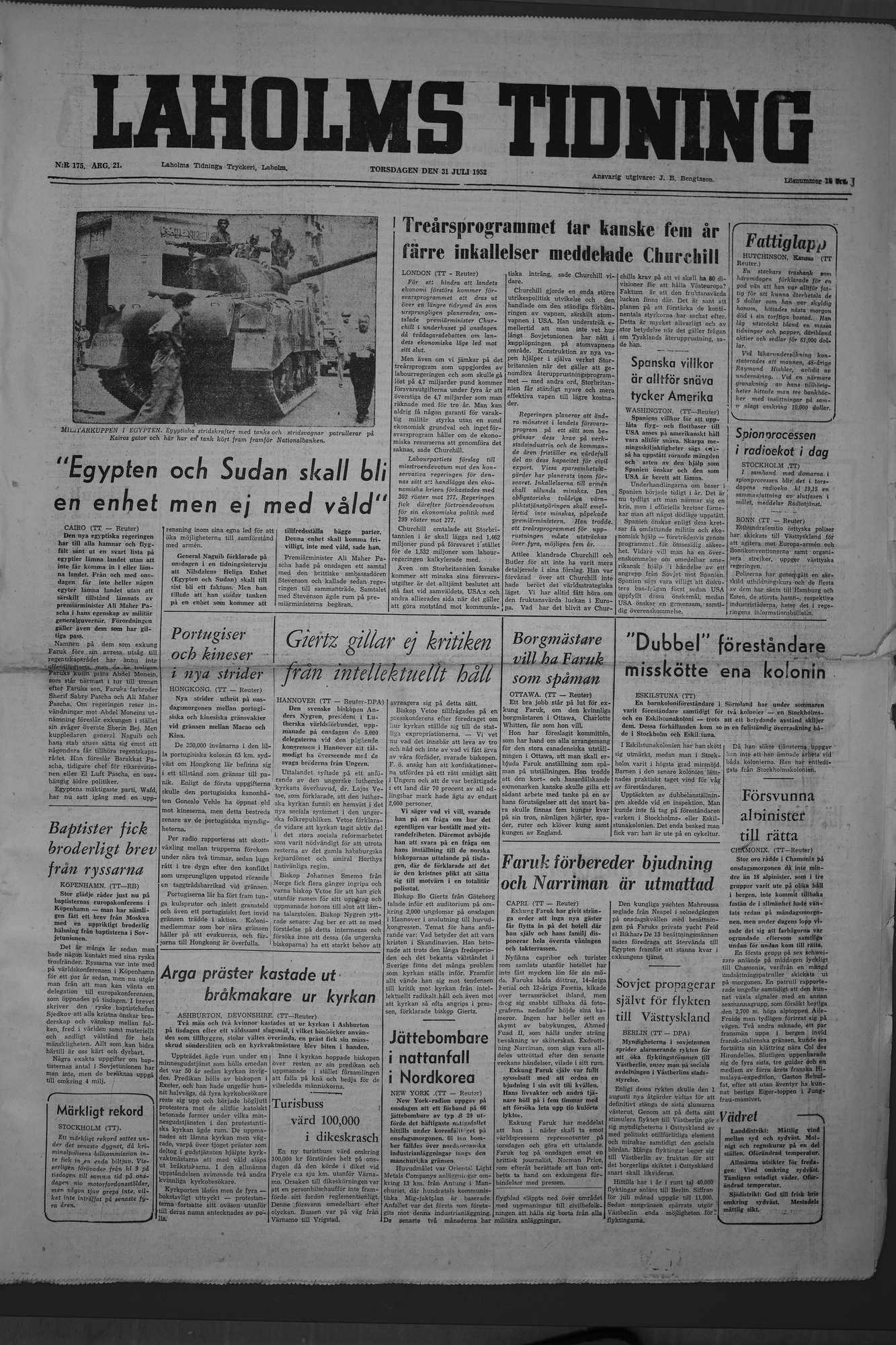 Laholms Tidning Torsdag 31 juli 1952, sida 1