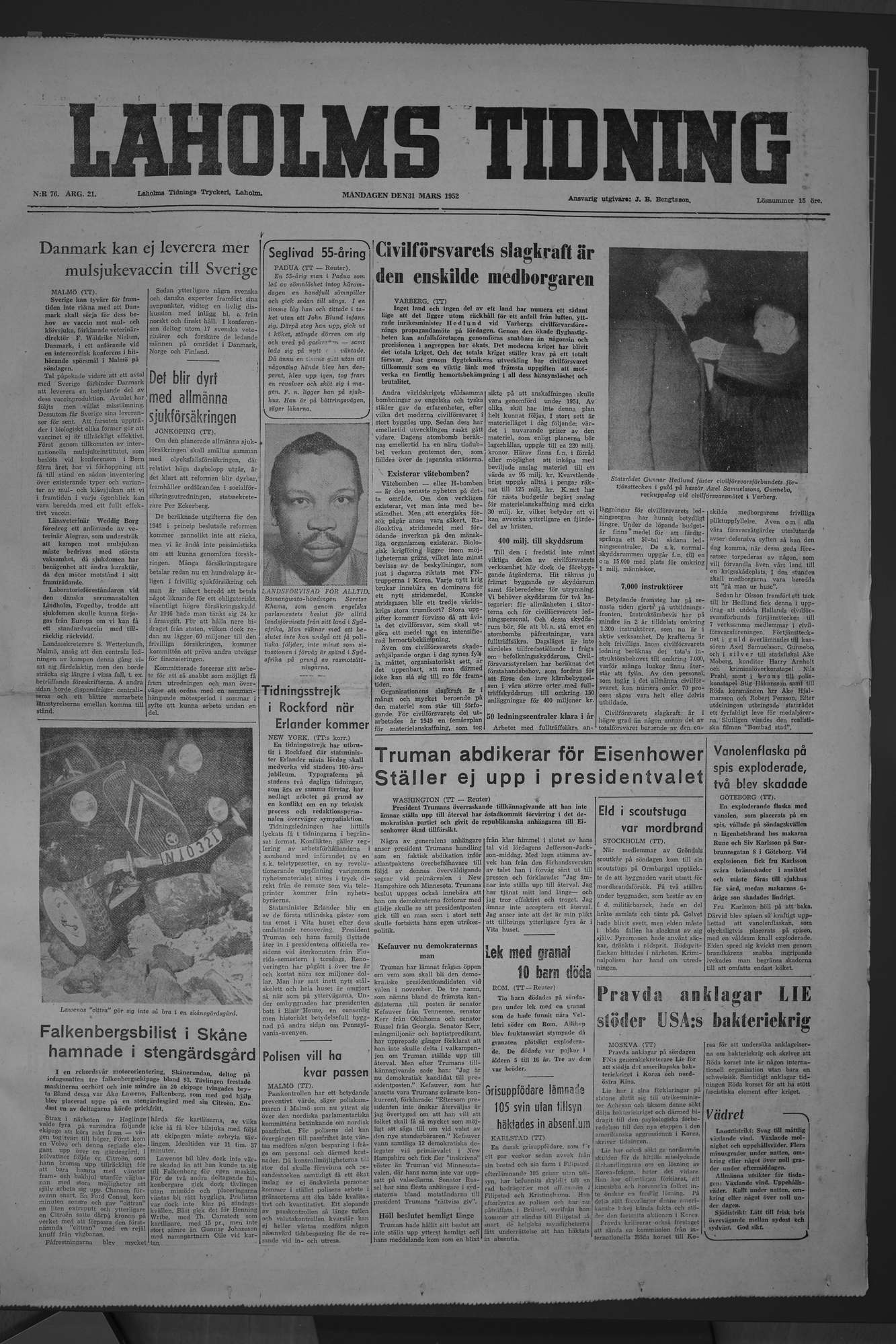 Laholms Tidning Måndag 31 mars 1952, sida 1