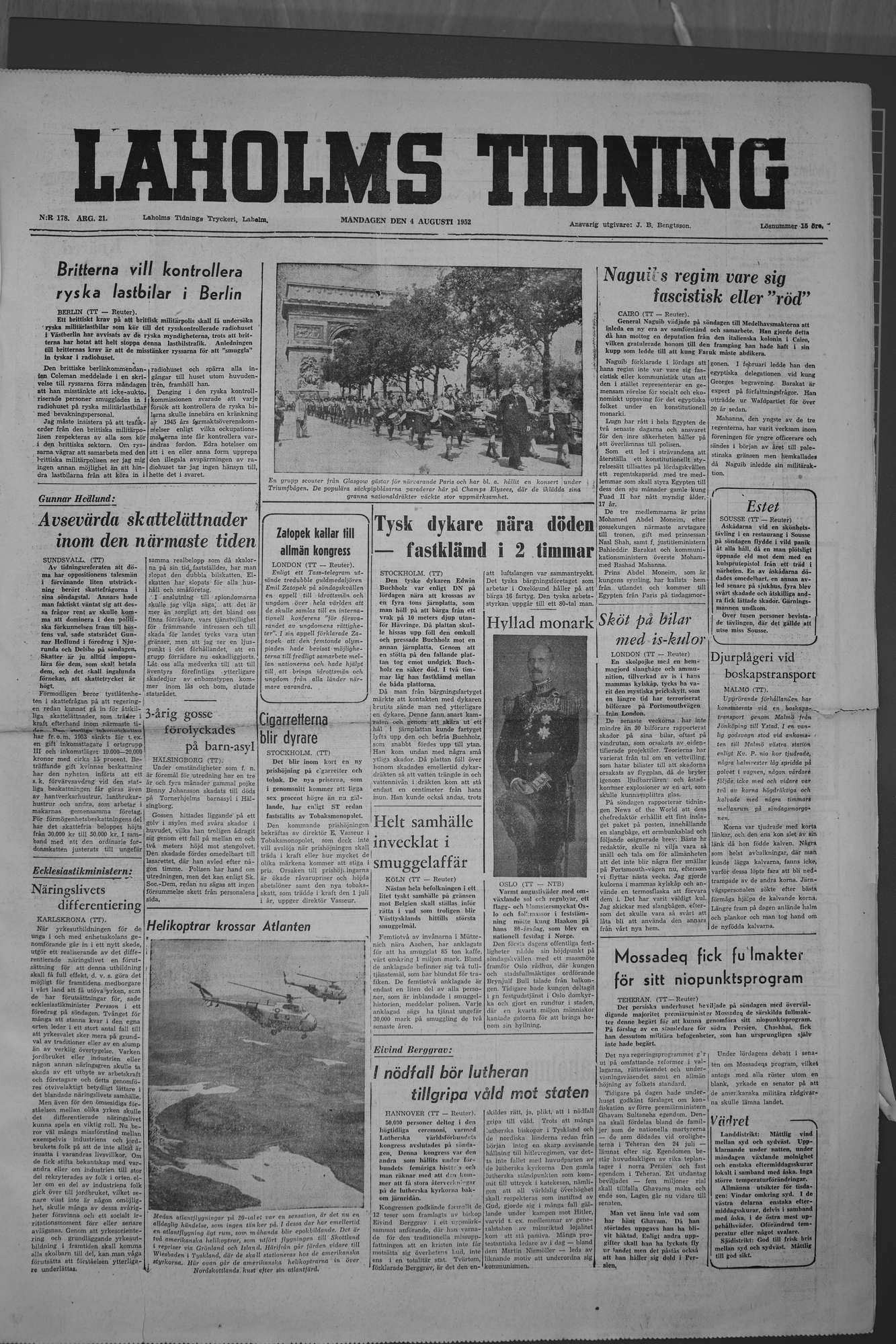 Laholms Tidning Måndag 4 augusti 1952, sida 1
