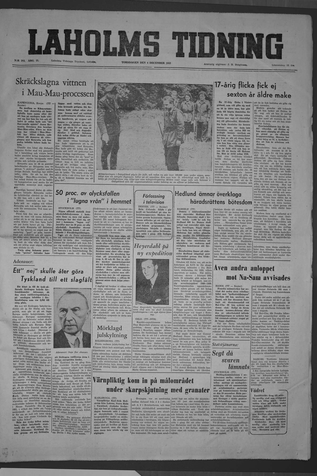 Laholms Tidning Torsdag 4 december 1952, sida 1