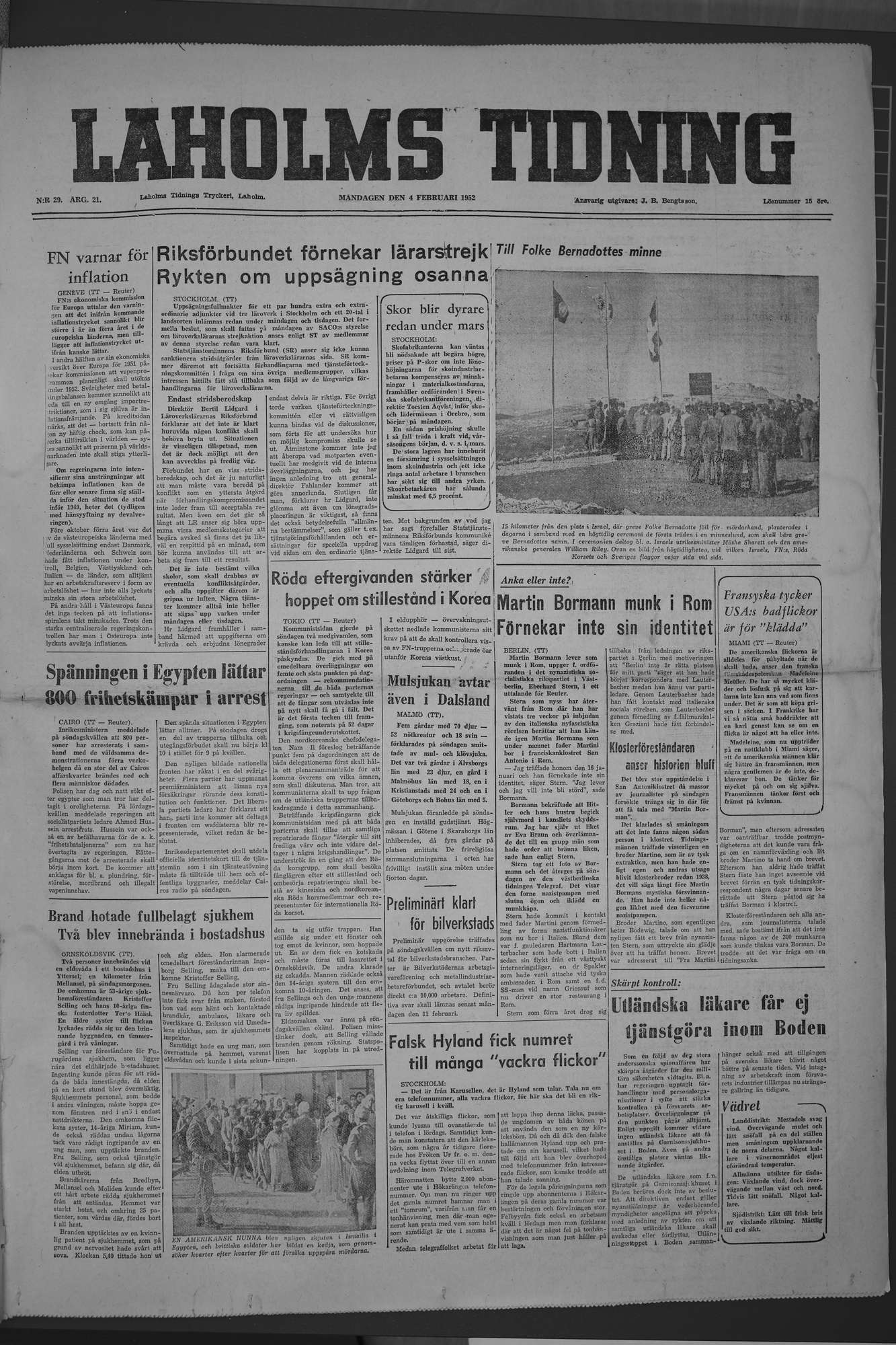 Laholms Tidning Måndag 4 februari 1952, sida 1
