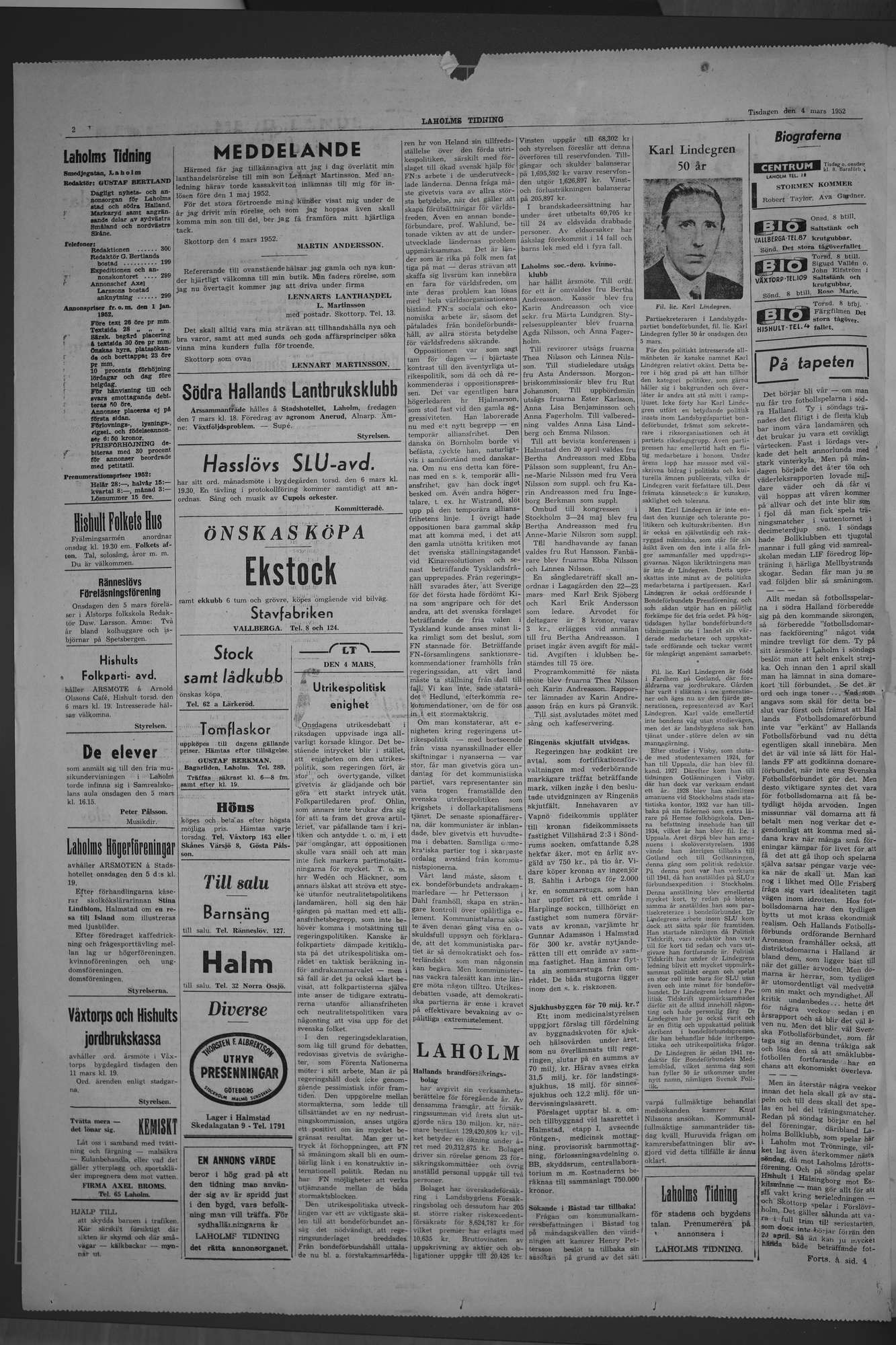 Laholms Tidning Tisdag 4 mars 1952, sida 2