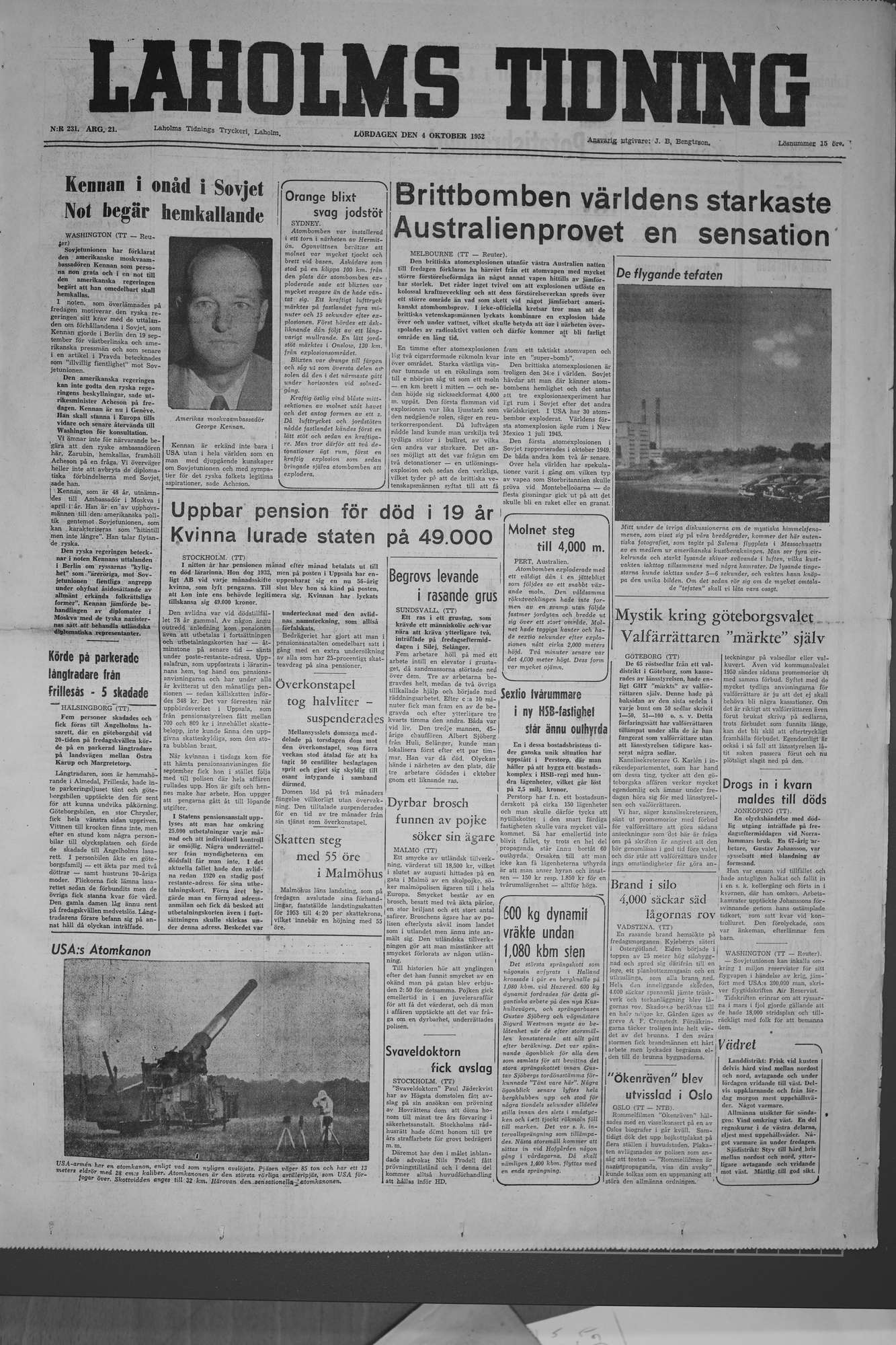 Laholms Tidning Lördag 4 oktober 1952, sida 1