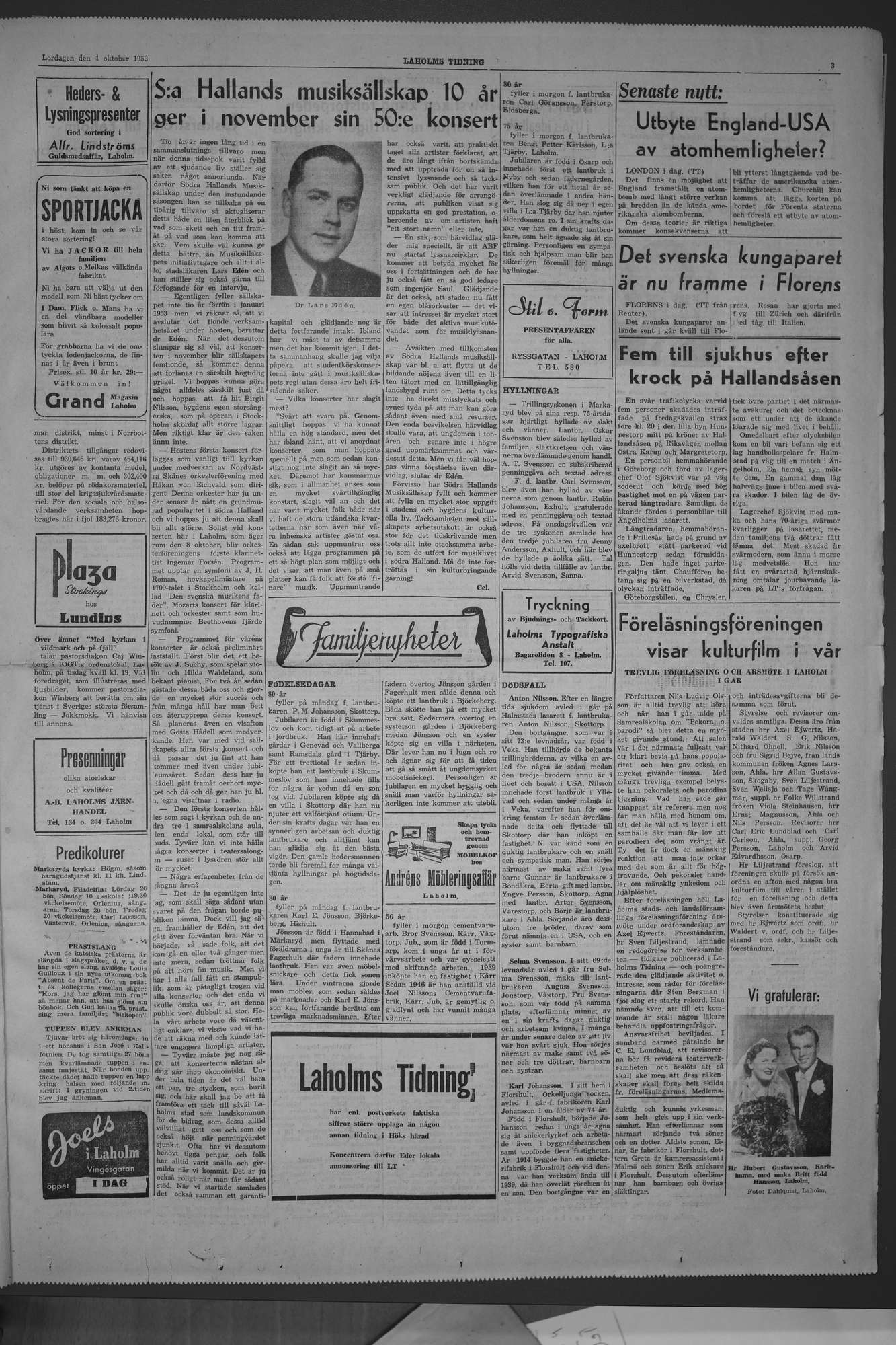 Laholms Tidning Lördag 4 oktober 1952, sida 3