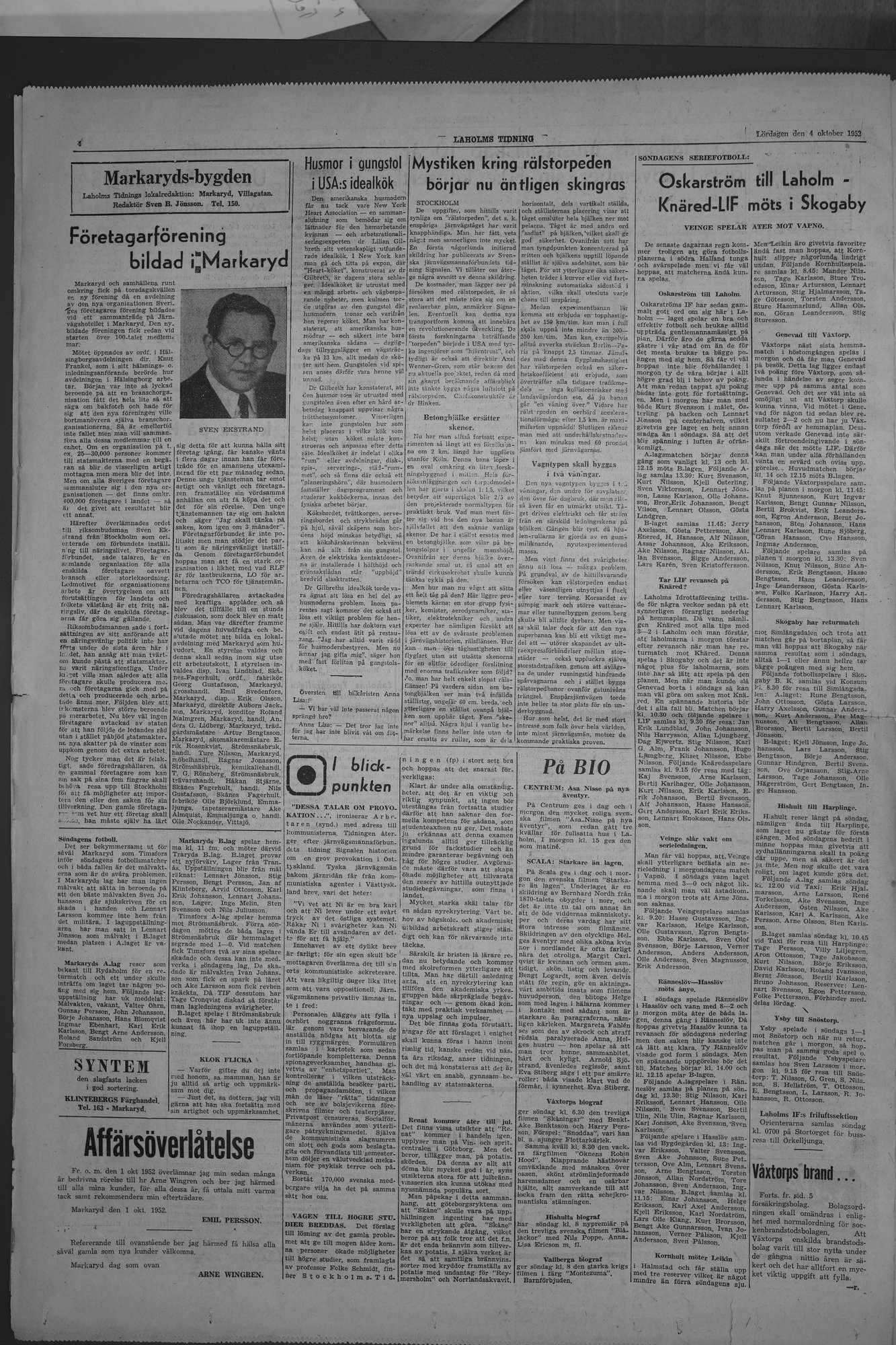Laholms Tidning Lördag 4 oktober 1952, sida 4