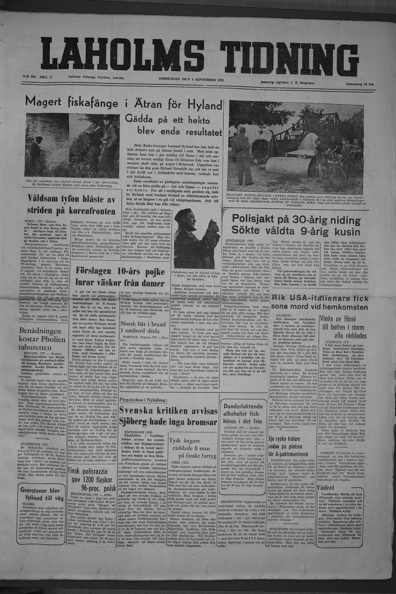 Laholms Tidning Torsdag 4 september 1952, sida 1