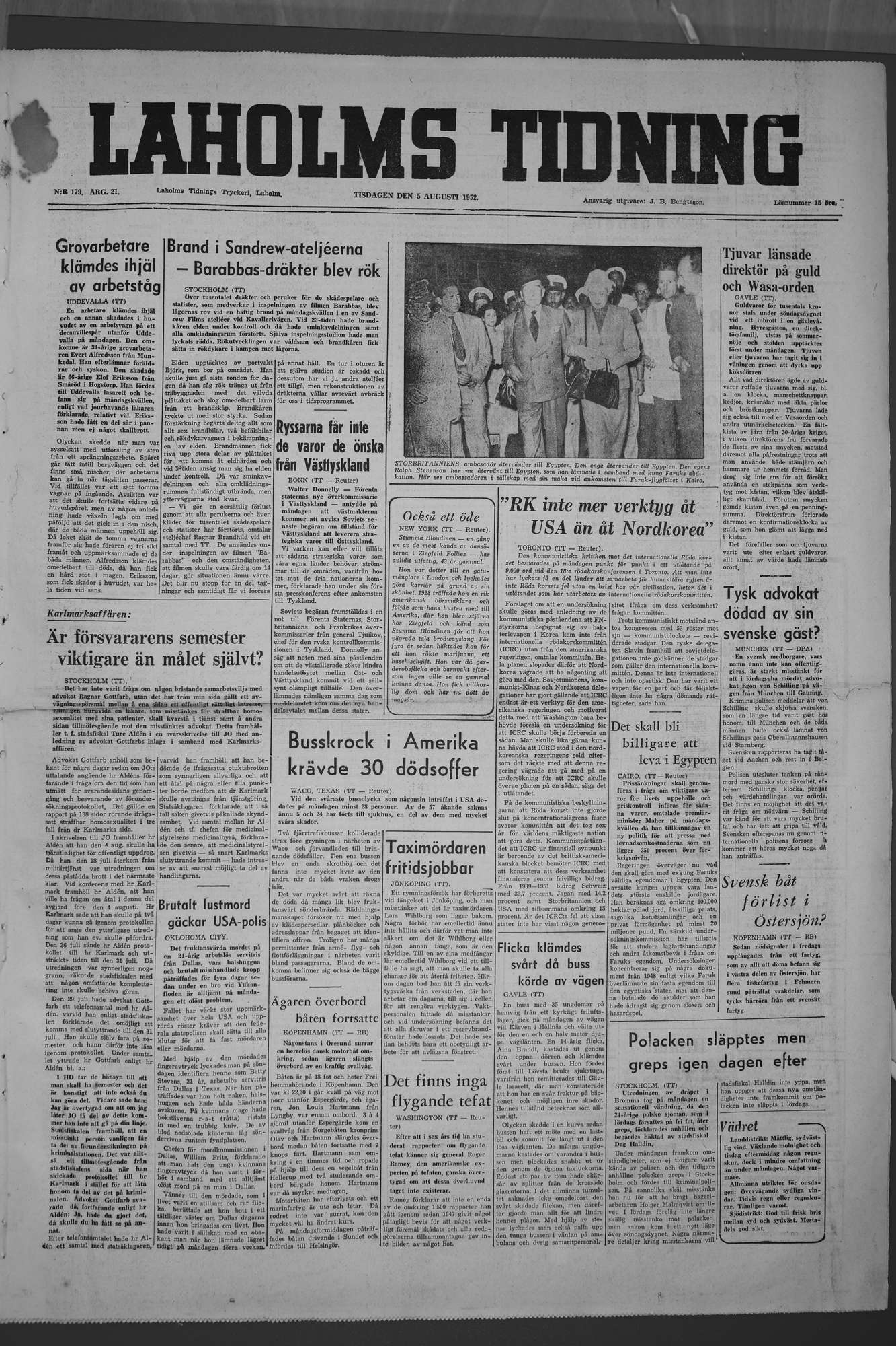 Laholms Tidning Tisdag 5 augusti 1952, sida 1